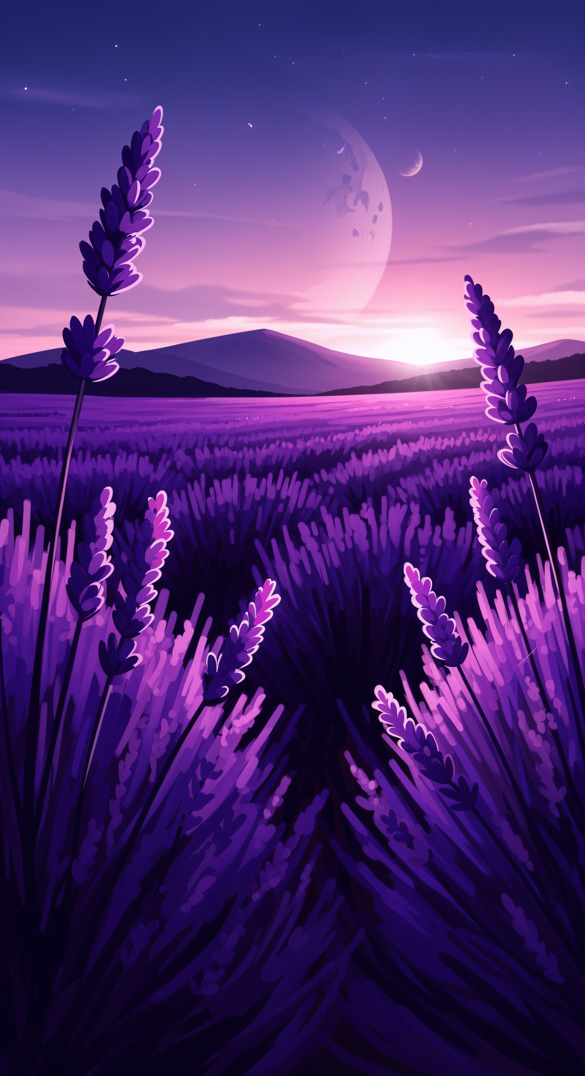 A vibrant lavender field at dusk under a starry sky with a large moon, rendered as a phone wallpaper for iPhones and Android devices.