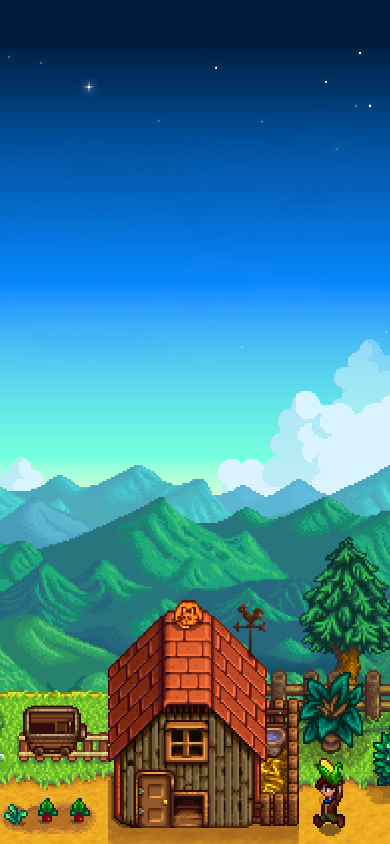 Pixel-art phone wallpaper for the video game Stardew Valley (iPhone & Android): cozy wooden farmhouse with red roof, farmer by crops, chest and tree, rolling green mountains beneath a starry blue sky.
