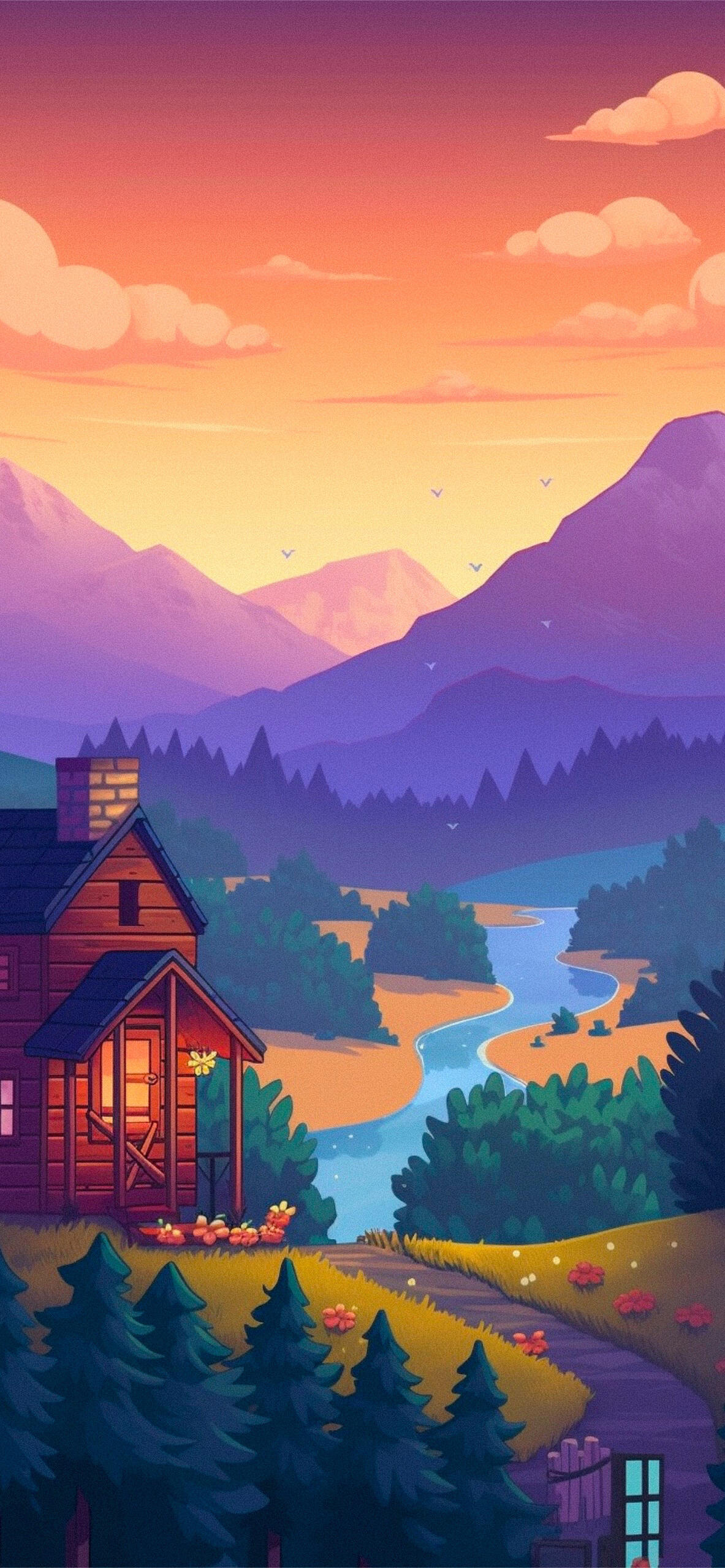 Stardew Valley video game phone wallpaper for iPhone and Android: cozy riverside cottage at sunset with glowing windows, winding river, pine trees and layered purple mountains.