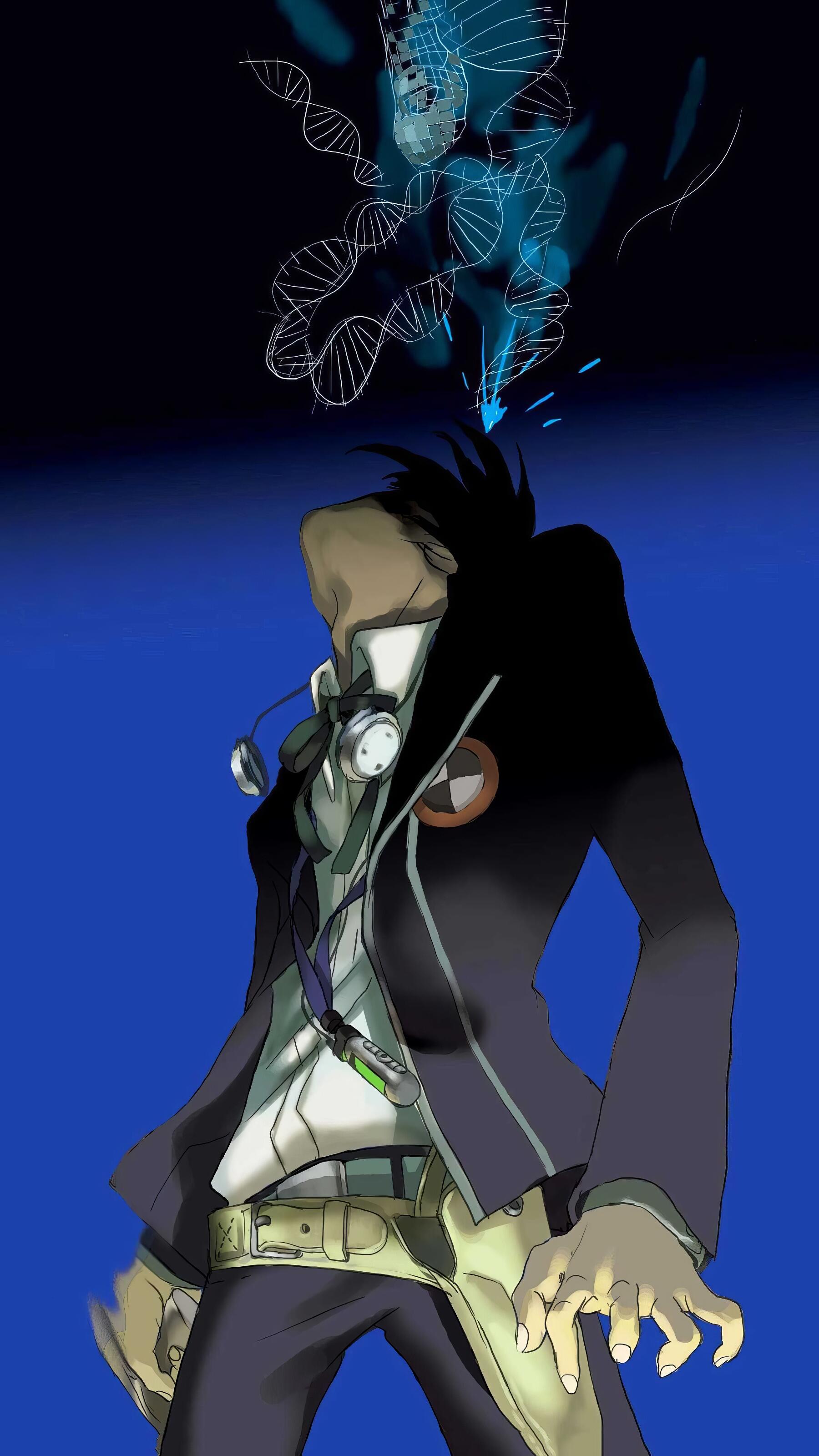 Phone wallpaper — iPhone & Android: video game Persona 3 art of a head‑thrown student in a dark uniform with headphones, a blue DNA‑like spirit rising against a deep blue background.