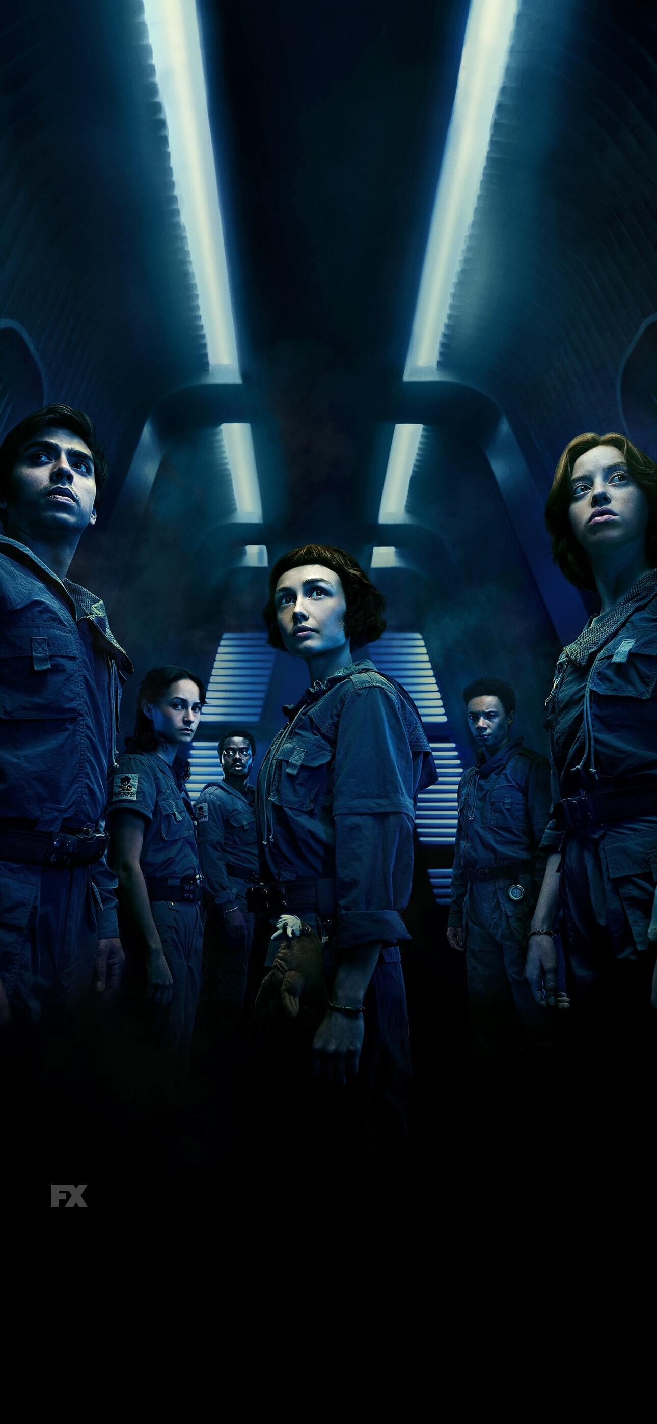 Phone wallpaper (iPhone/Android): moody poster for the movie 'Alien: Earth' showing a squad of uniformed crew standing in a dim, blue-lit corridor, gazing toward bright overhead lights.