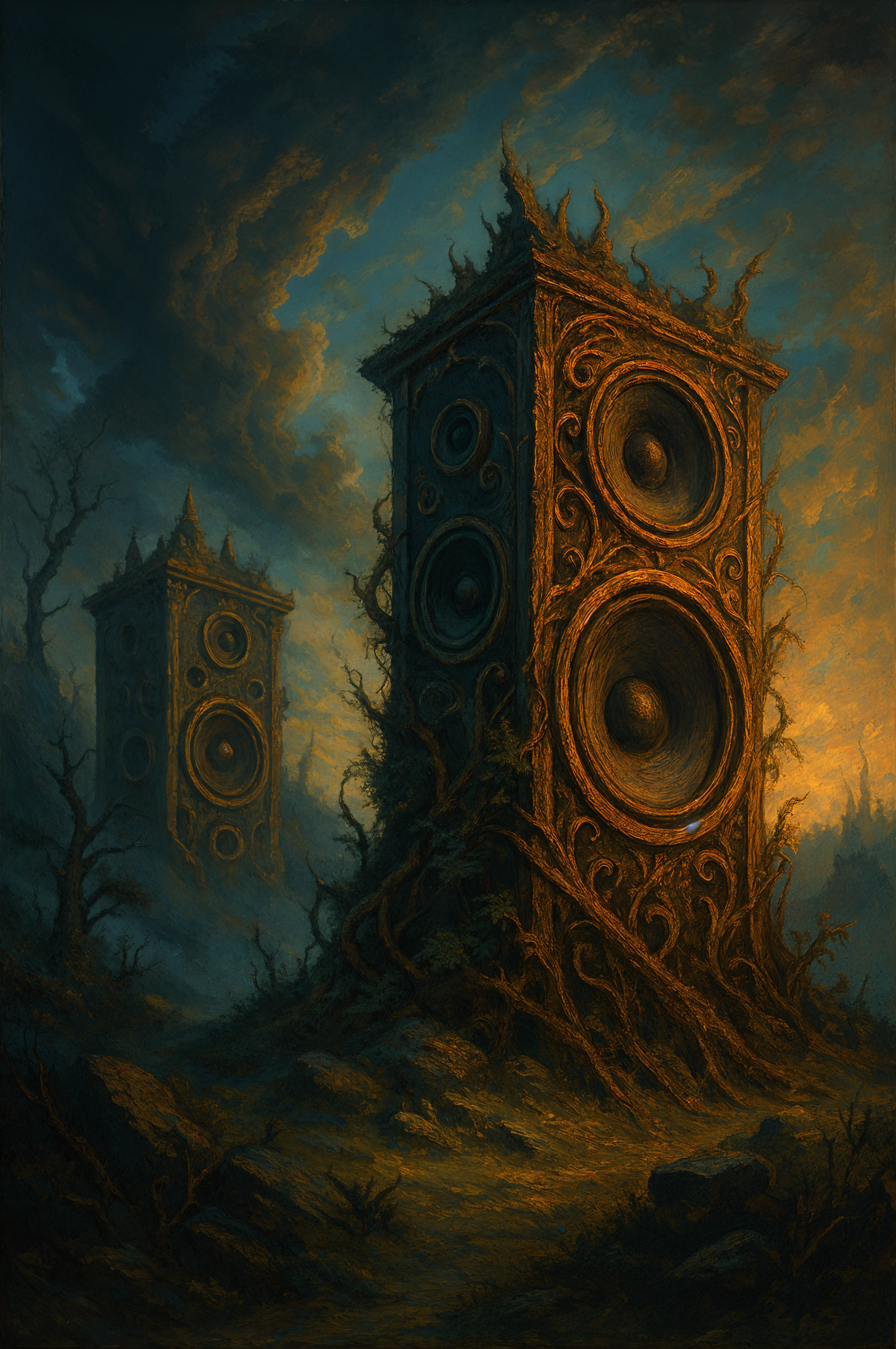 Phone wallpaper for iPhones and Android phones: towering ornate speakers entwined with roots rise from a moody, stormy landscape.