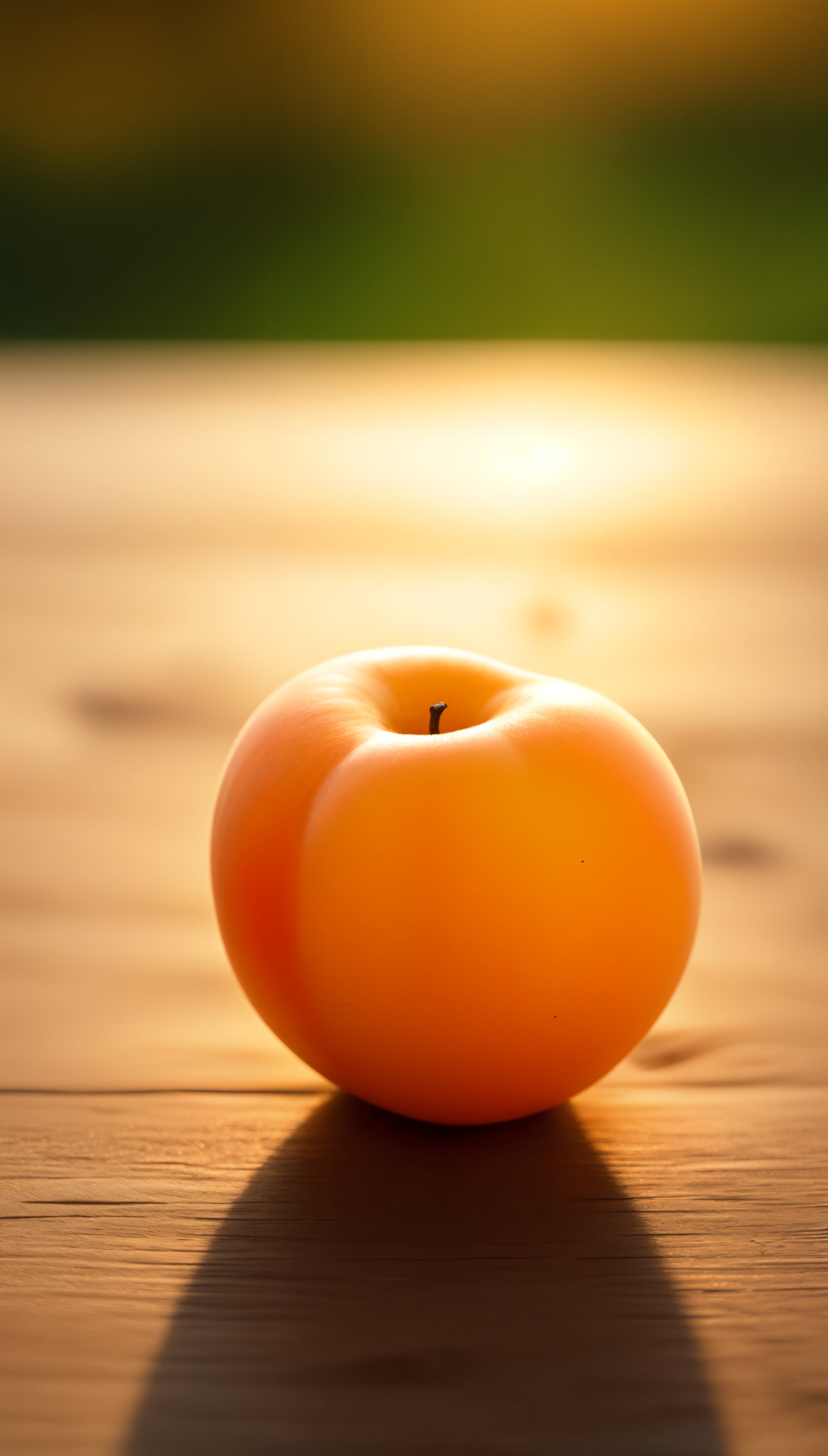 Single apricot on a sunlit wooden table with warm golden bokeh — vertical phone wallpaper for iPhone and Android.