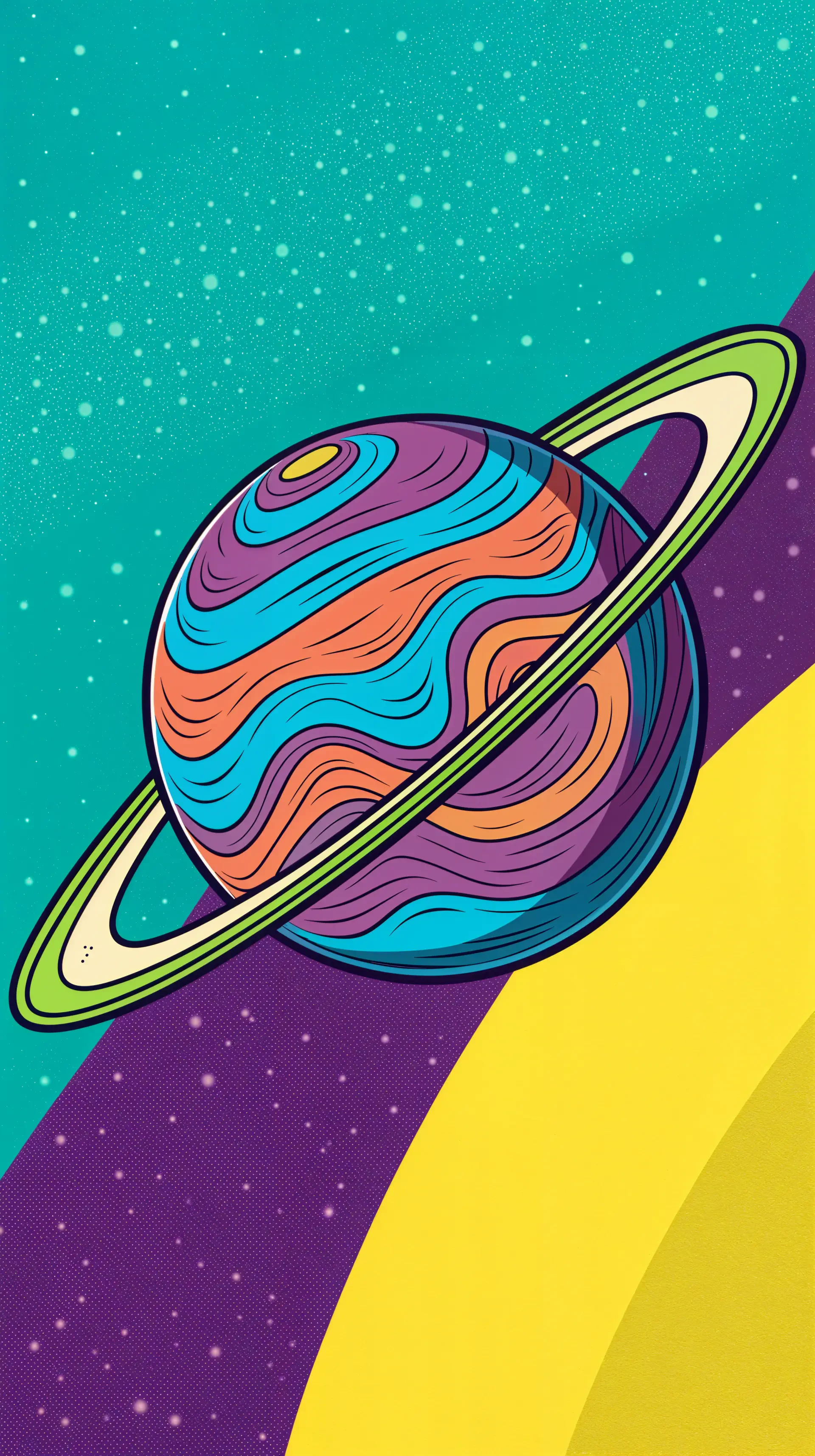 Vibrant gas giant with swirling colorful bands and rings against a teal, purple and yellow starry background — phone wallpaper for iPhone and Android.
