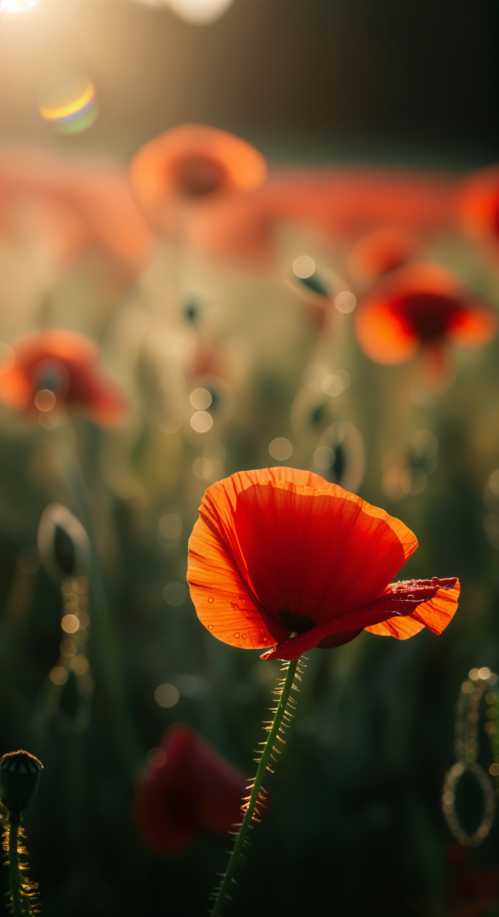 Close-up of a backlit red poppy in a sunlit meadow, vertical phone wallpaper for iPhones and Android phones.