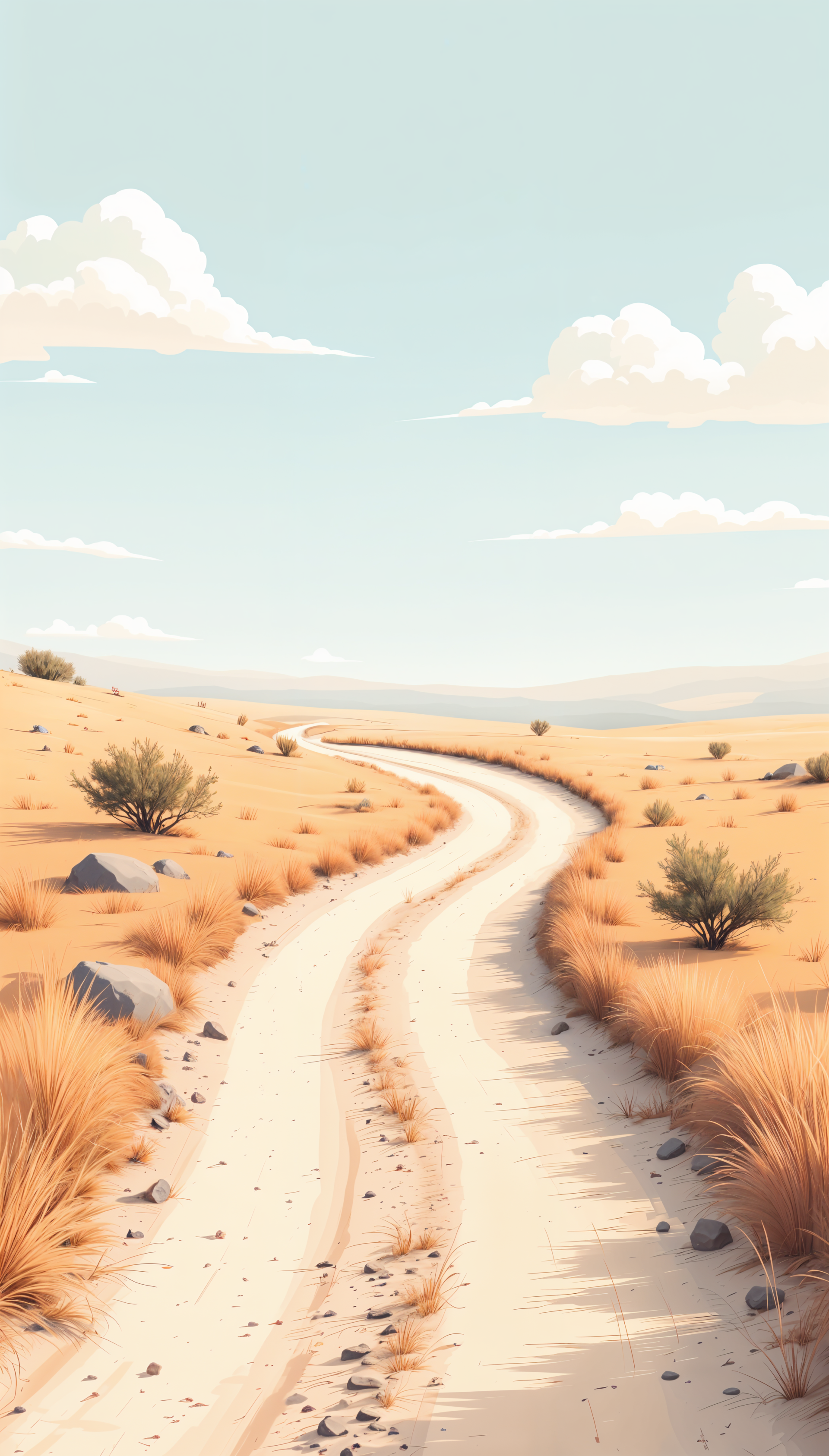 Phone wallpaper for iPhones and Android phones — a winding dirt road through sunlit desert plains with sparse shrubs, rocks, and soft clouds under a pale blue sky.