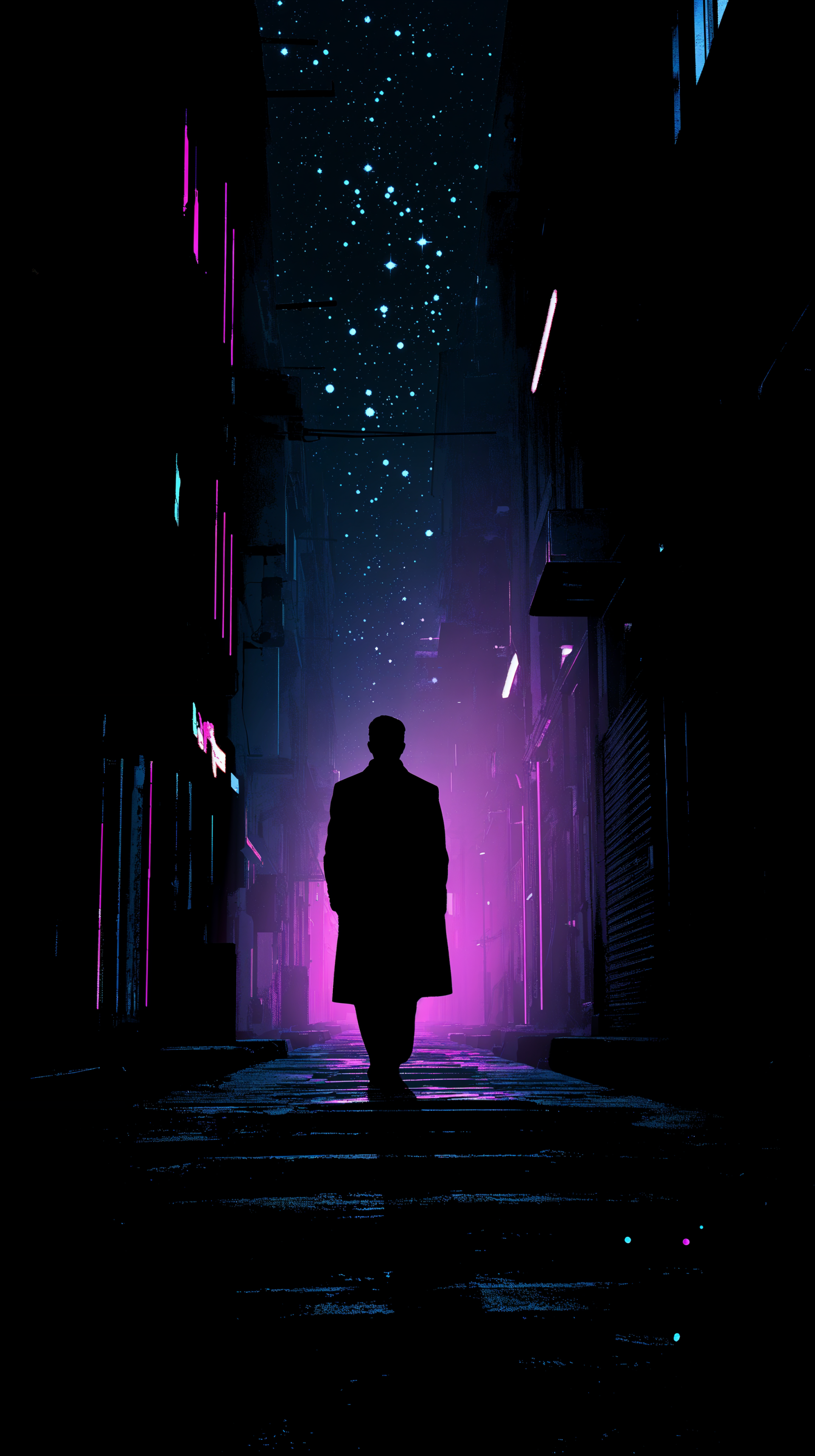 Vertical phone wallpaper: silhouetted man walking through a neon-lit alley under a starry city night, for iPhone and Android.
