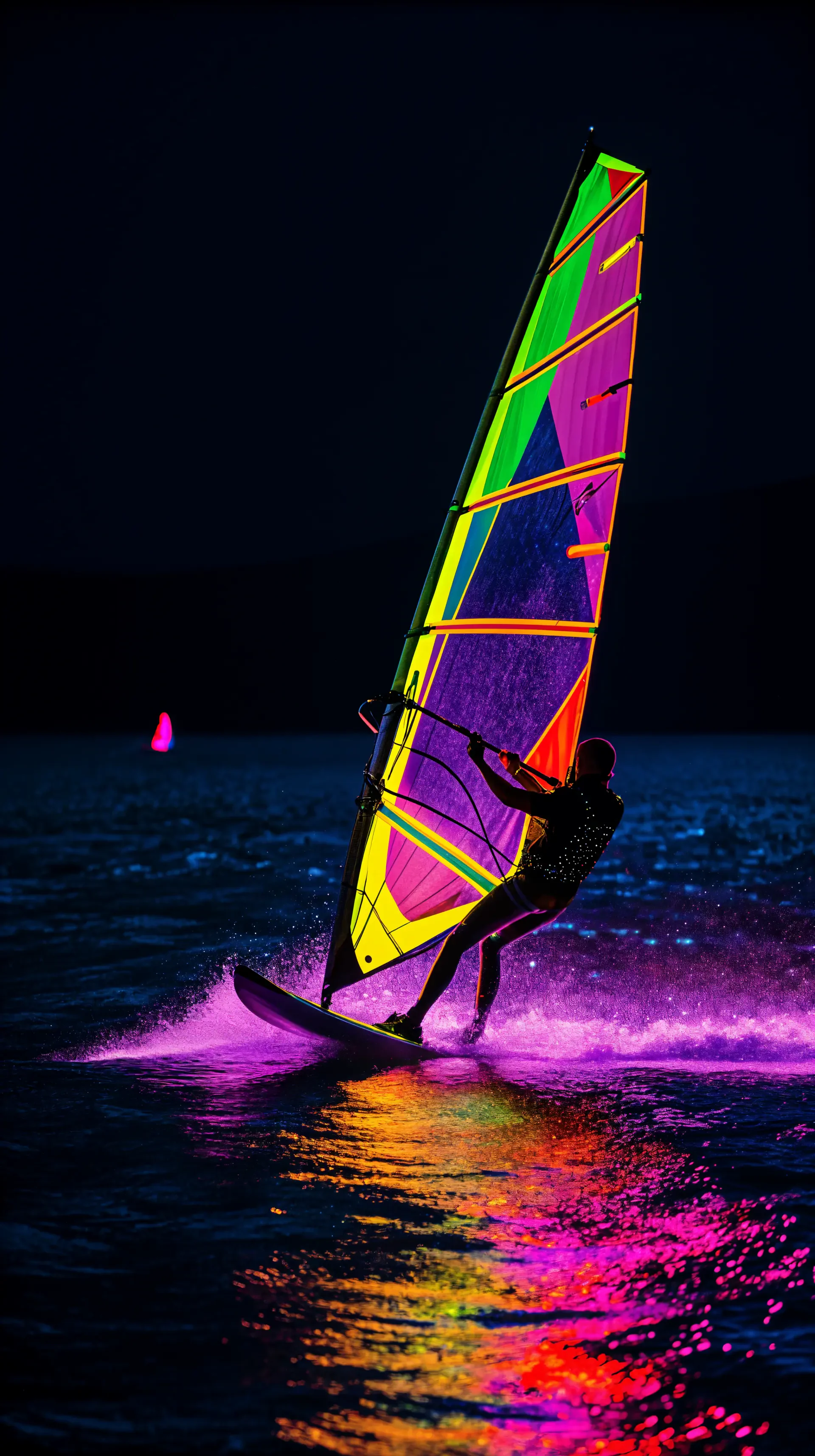 Vibrant neon windsurfer silhouette at night with colorful sail and pink-yellow water reflection — vertical phone wallpaper for iPhones and Android phones