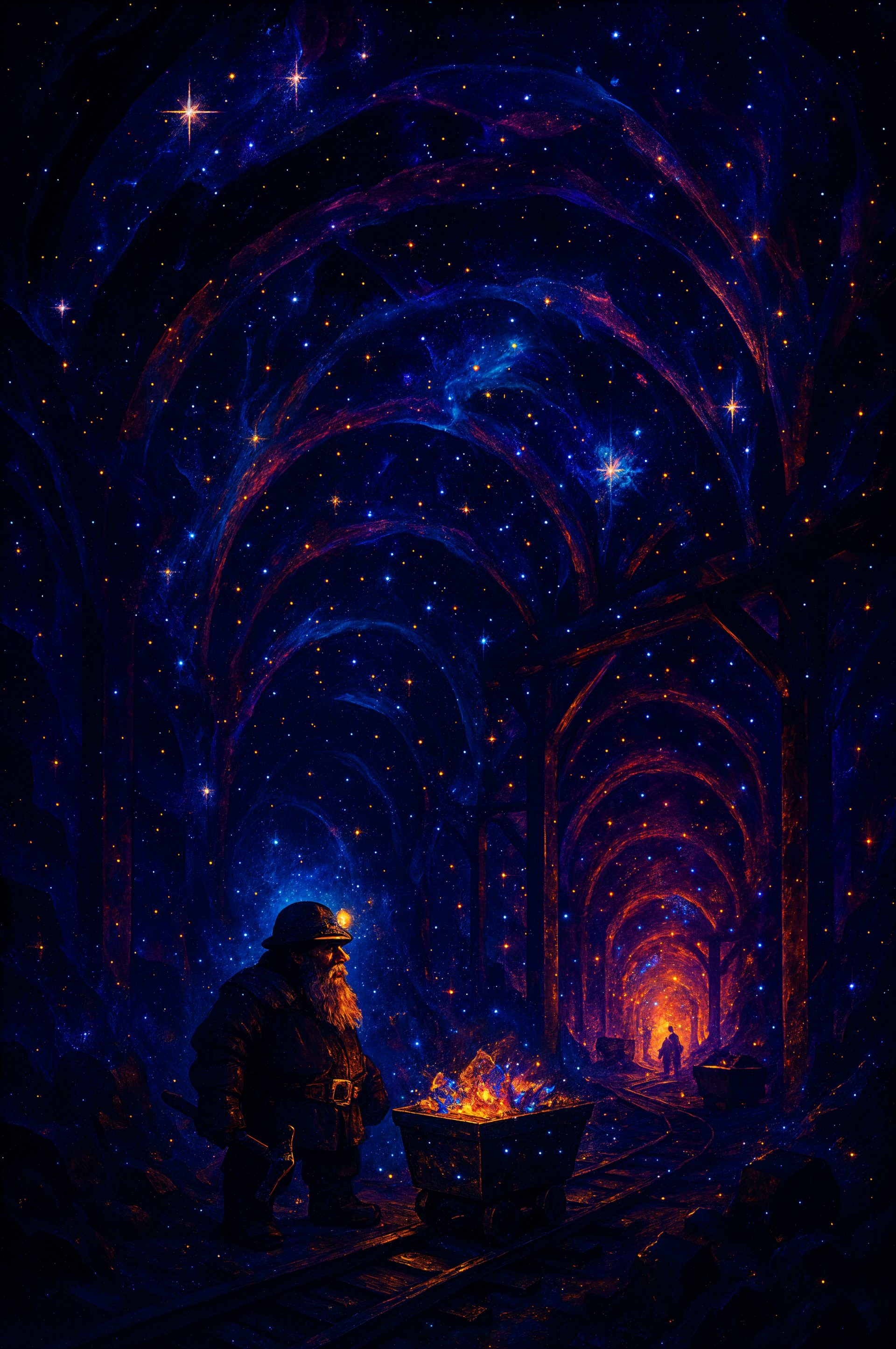 Phone wallpaper for iPhone & Android: starry, vault-like dwarven mine — a bearded dwarf tending a glowing forge in arched tunnels fading to distant fiery light.