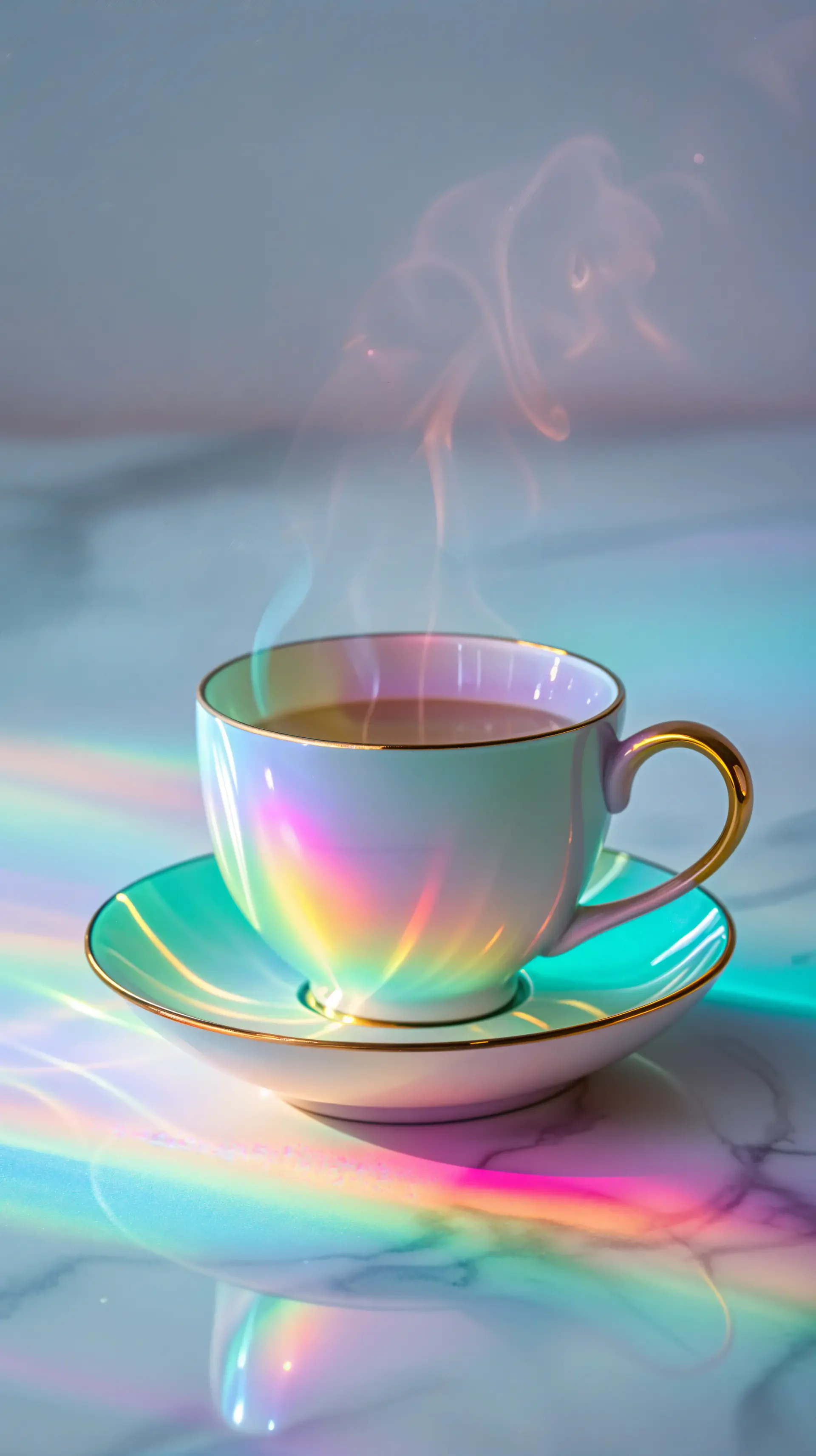 Iridescent teacup and saucer with rising steam on a marble surface, rainbow light reflections — vertical phone wallpaper for iPhone and Android.