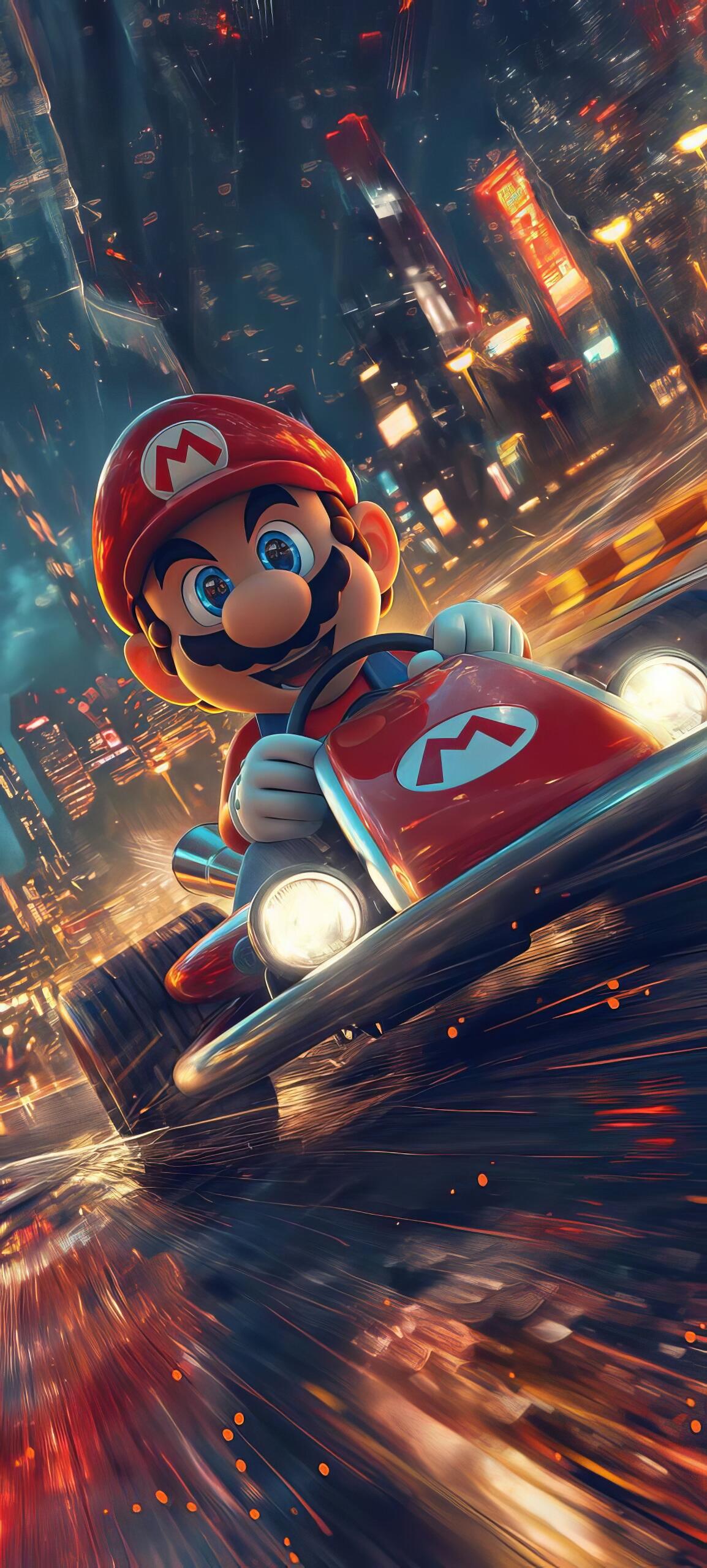 Phone wallpaper (iPhone and Android) of Mario in a red kart speeding through a neon-lit city at night, motion blur and sparks heighten the rush.