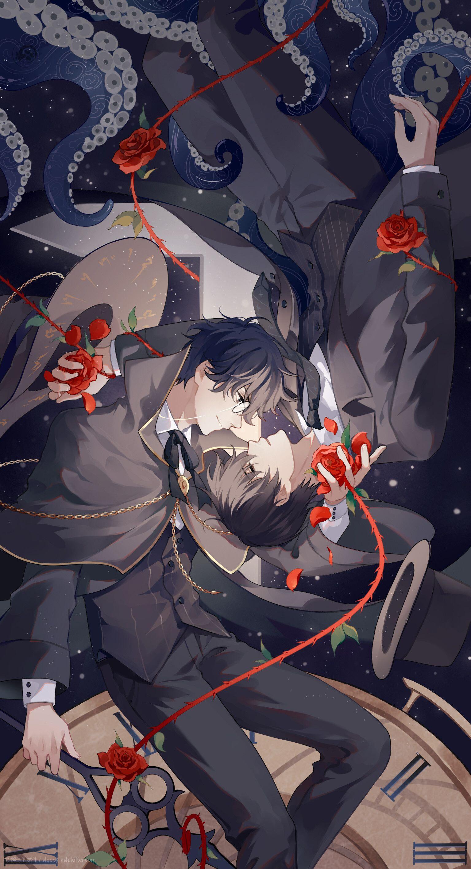 Novel-themed phone wallpaper for iPhone and Android: two men in suits entwined by red thread and roses, floating over a clock beneath a moonlit, starry sky.