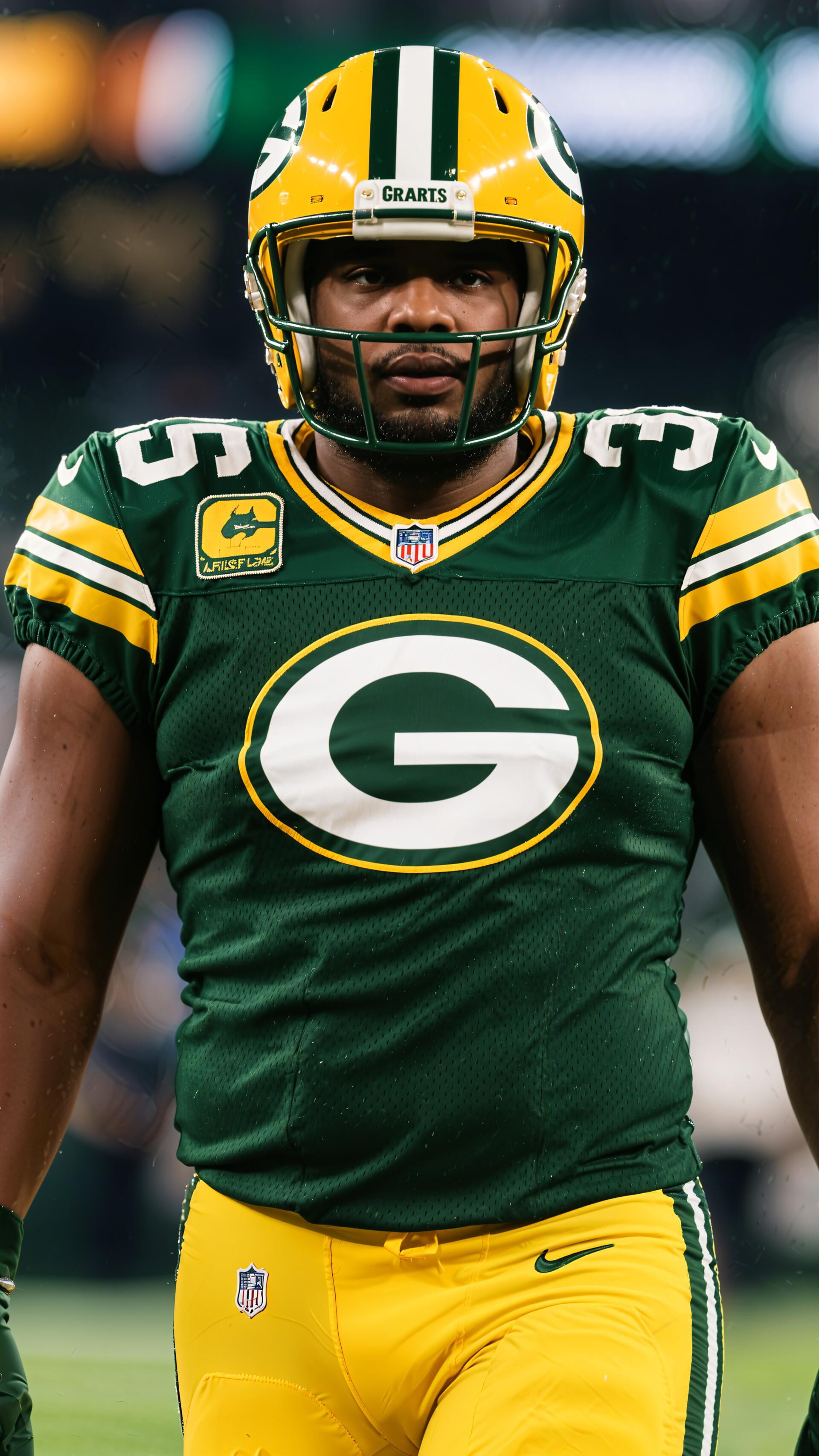 Portrait phone wallpaper of a Green Bay Packers football player in helmet and green-and-gold uniform, centered and vertically framed for iPhone and Android phones.