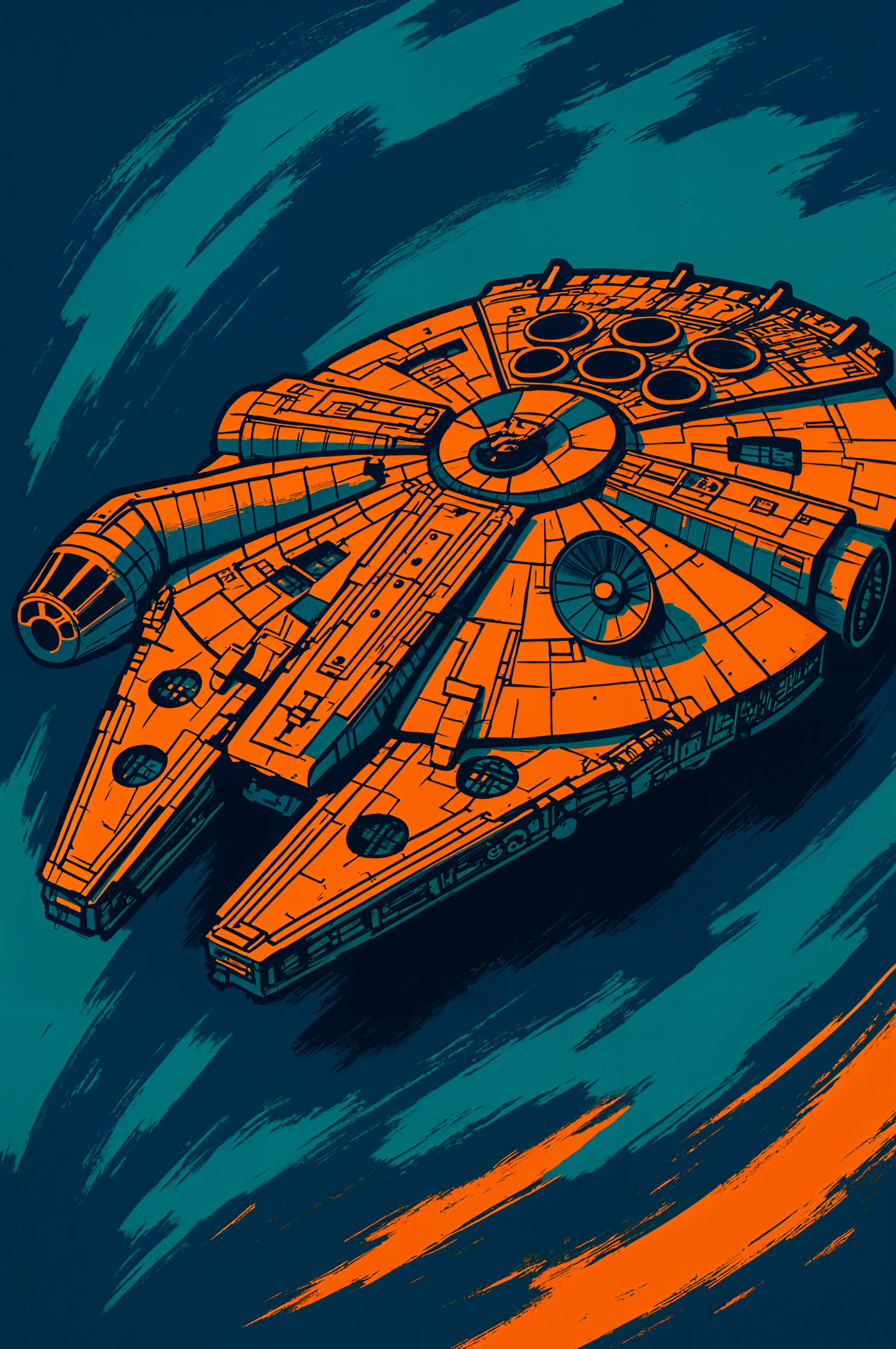 Stylized orange-and-teal Millennium Falcon illustration as a vertical phone wallpaper for iPhone and Android displays.
