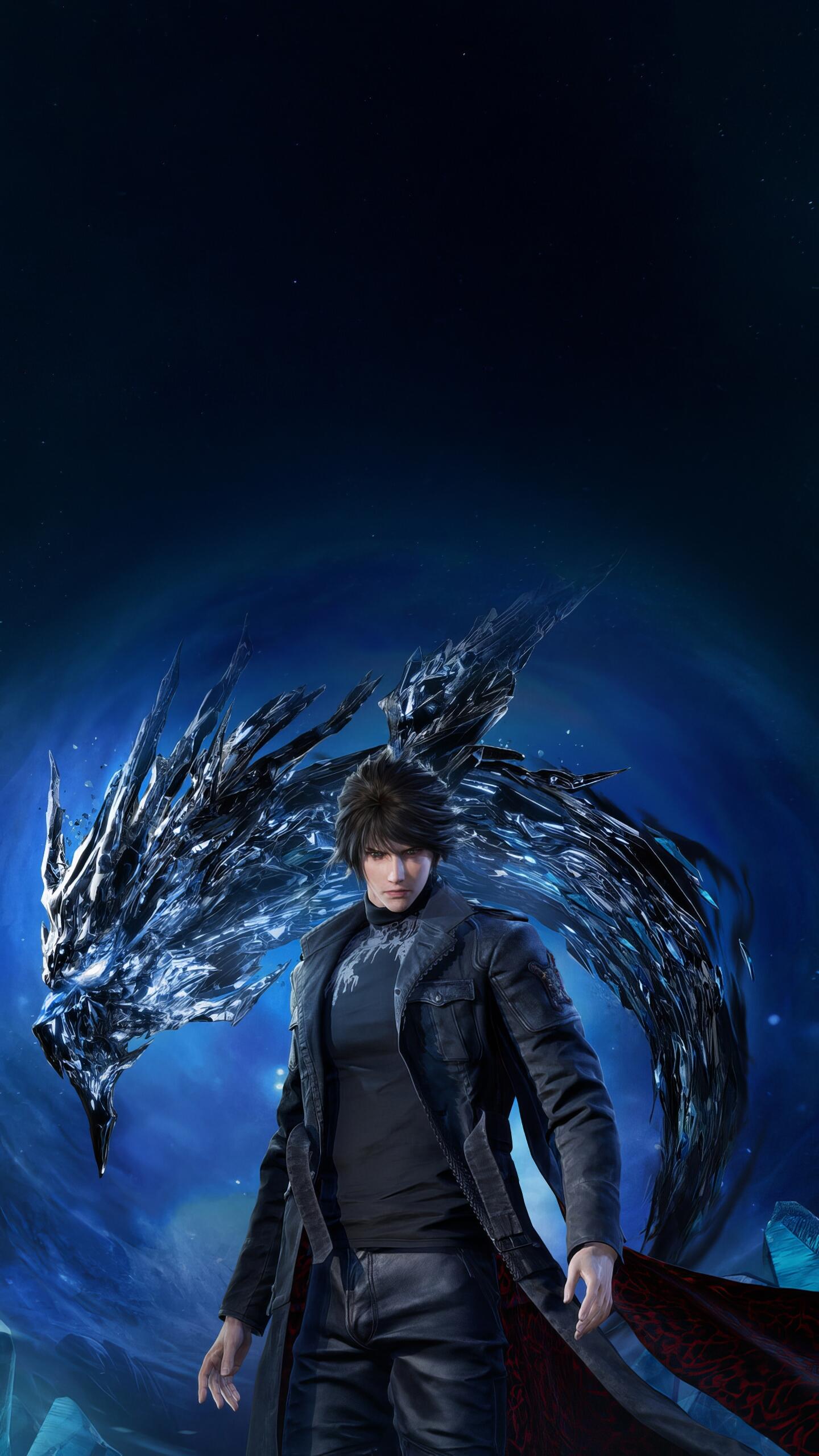 Phone wallpaper (iPhone/Android): Kaser from Lost Soul Aside — brooding figure in a dark coat with a swirling black draconic soul behind him on a blue cosmic backdrop.