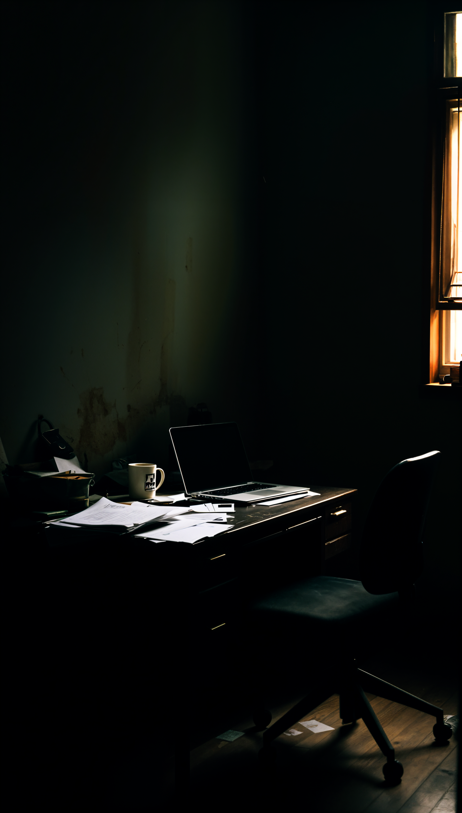 Phone wallpaper for iPhone and Android: moody, dimly lit home office with a desk, open laptop, coffee mug and scattered papers lit by warm window light.