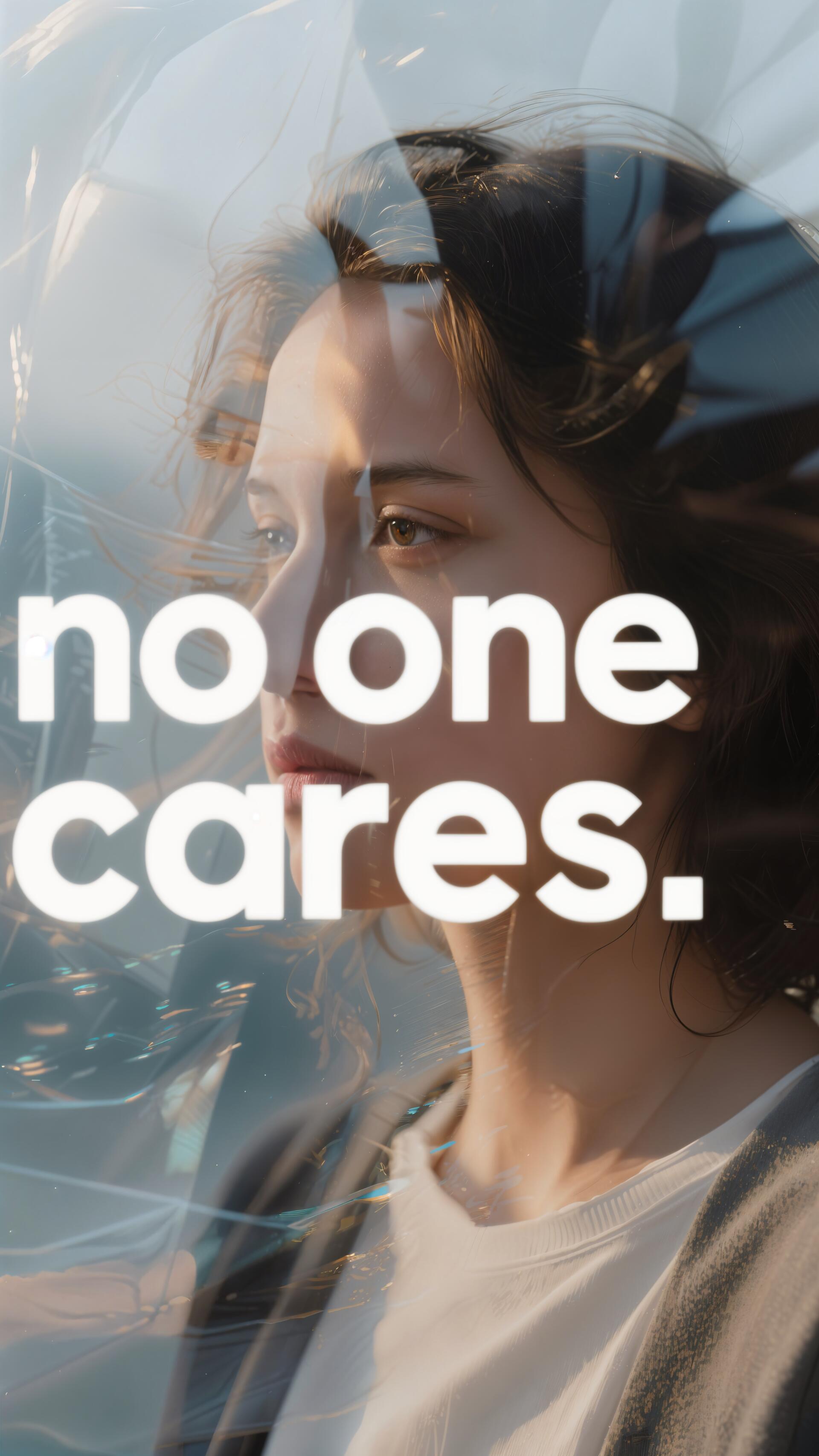 Contemplative young woman behind reflective glass with bold white text no one cares. Vertical phone wallpaper for iPhone and Android.