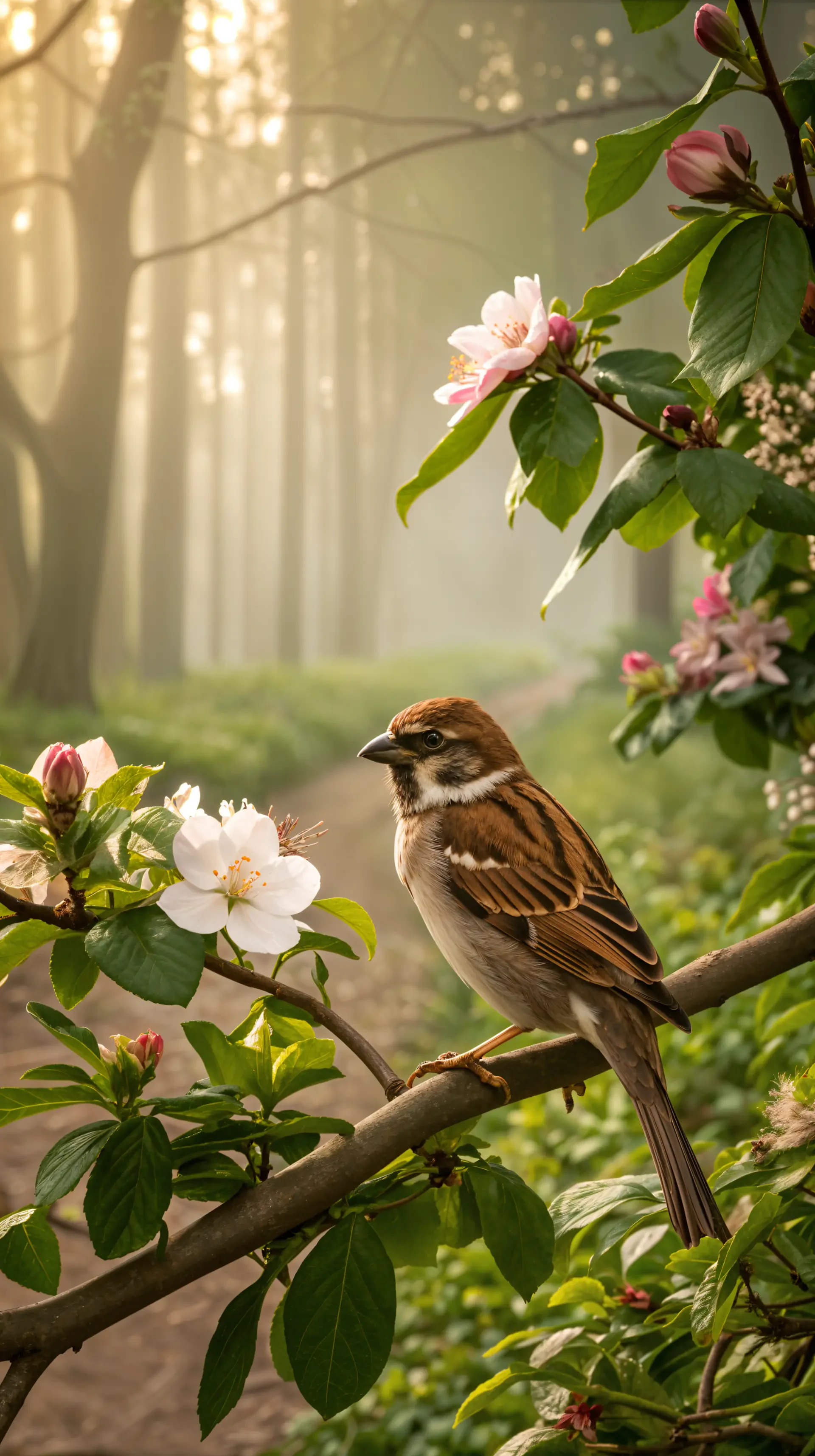 Sparrow perched on a blossom-covered branch along a misty forest path, vertical phone wallpaper for iPhone and Android.