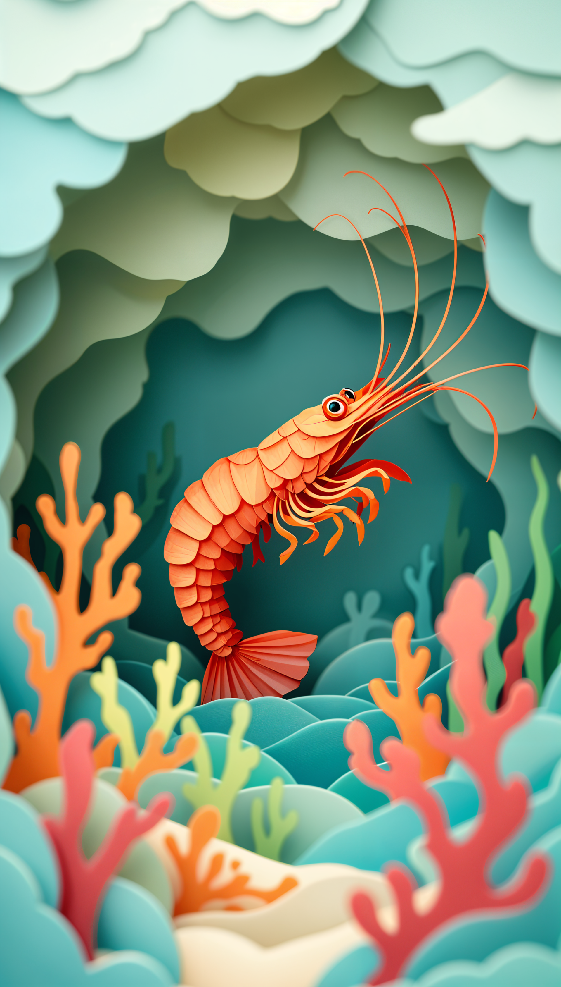 Vertical phone wallpaper of a bright orange shrimp in a layered, paper-cut coral reef scene, compatible with iPhone and Android displays.