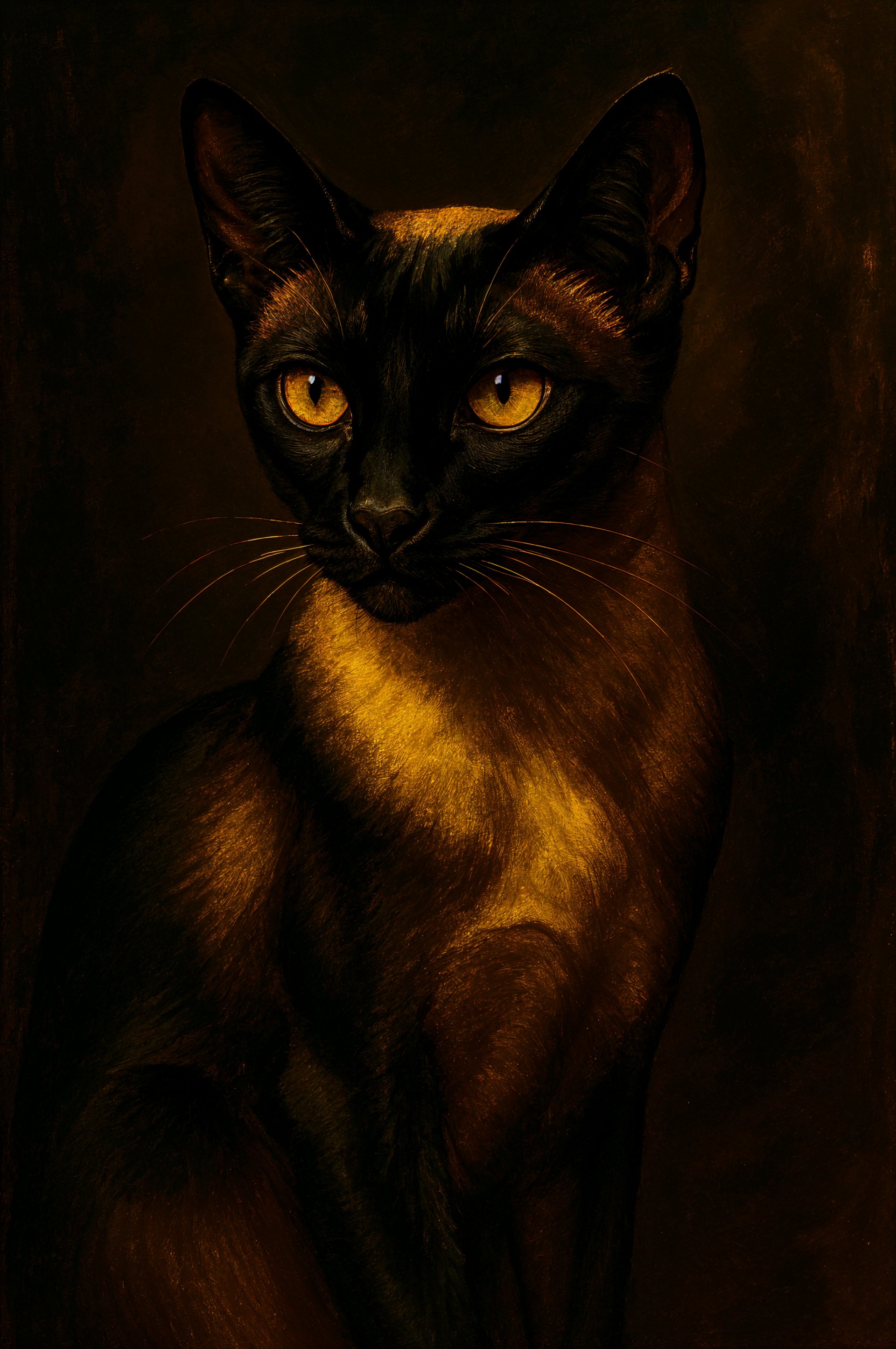 Siamese cat portrait with glowing amber eyes and warm, painterly dark tones; vertical phone wallpaper compatible with iPhone and Android screens.