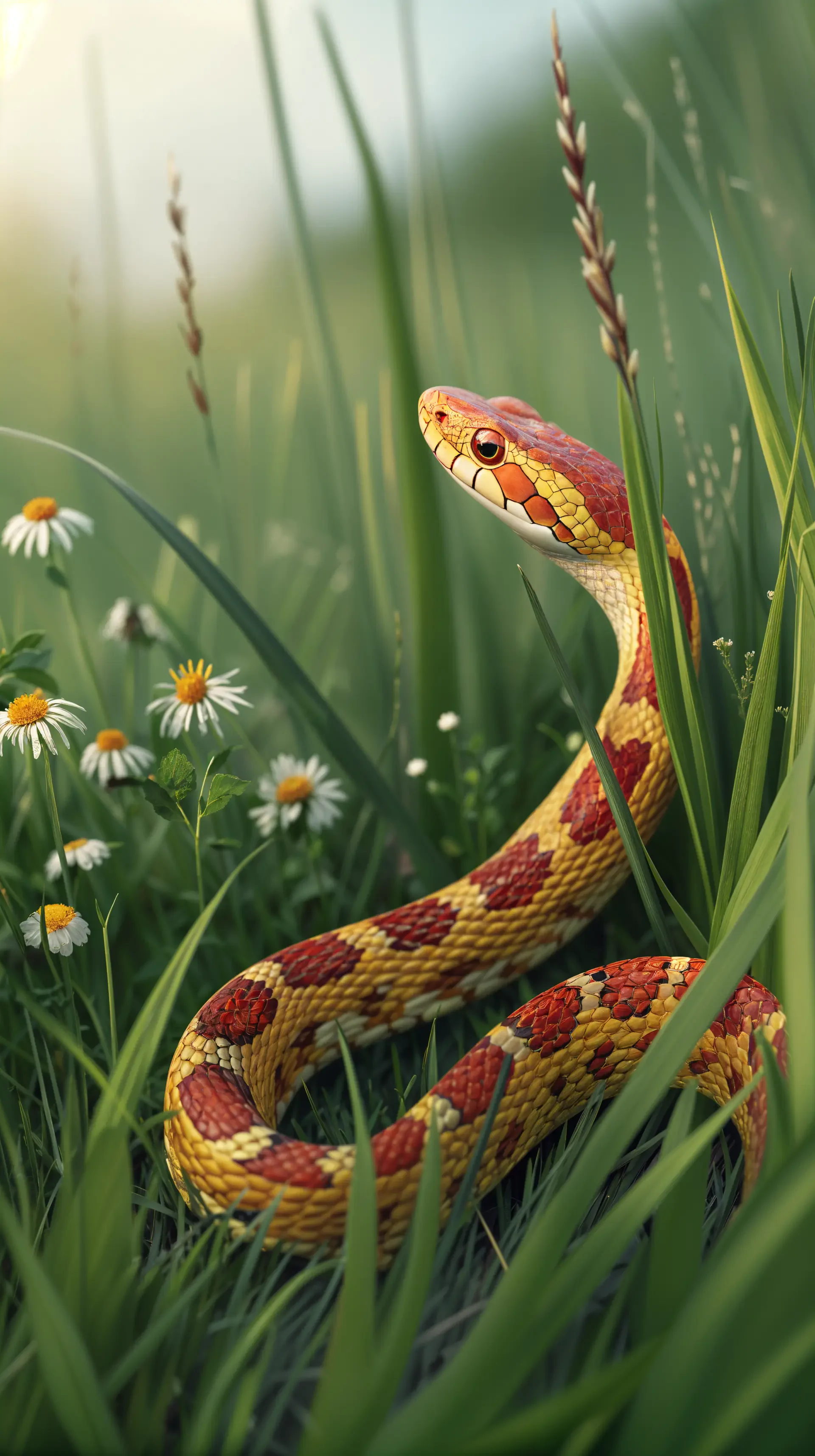 Corn snake coiled in tall grass and daisies, vertical phone wallpaper for iPhone and Android phones.