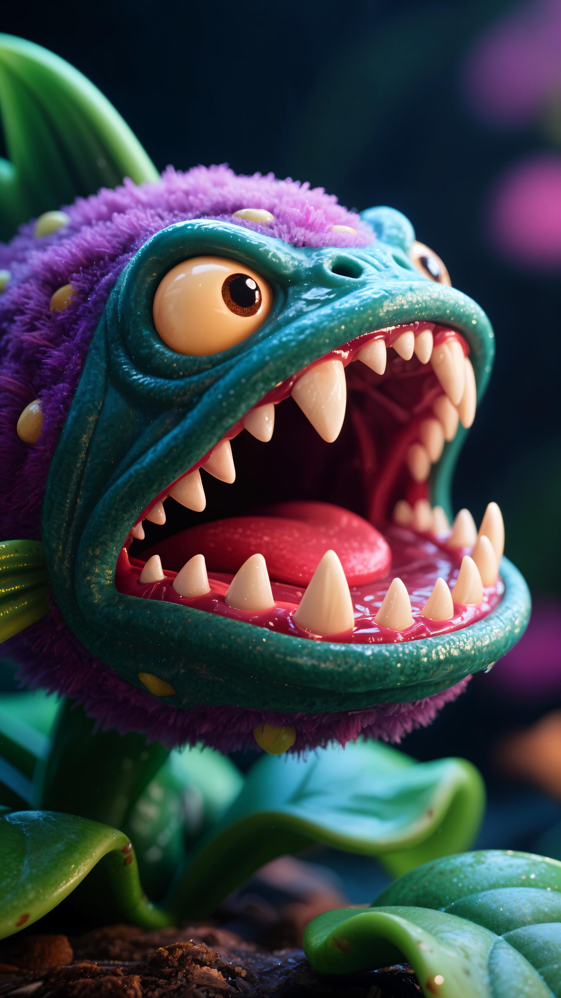 Phone wallpaper of a piranha plant: close-up of a fuzzy teal-and-purple carnivorous flower with a wide toothy mouth, vertical layout for iPhone and Android phones.