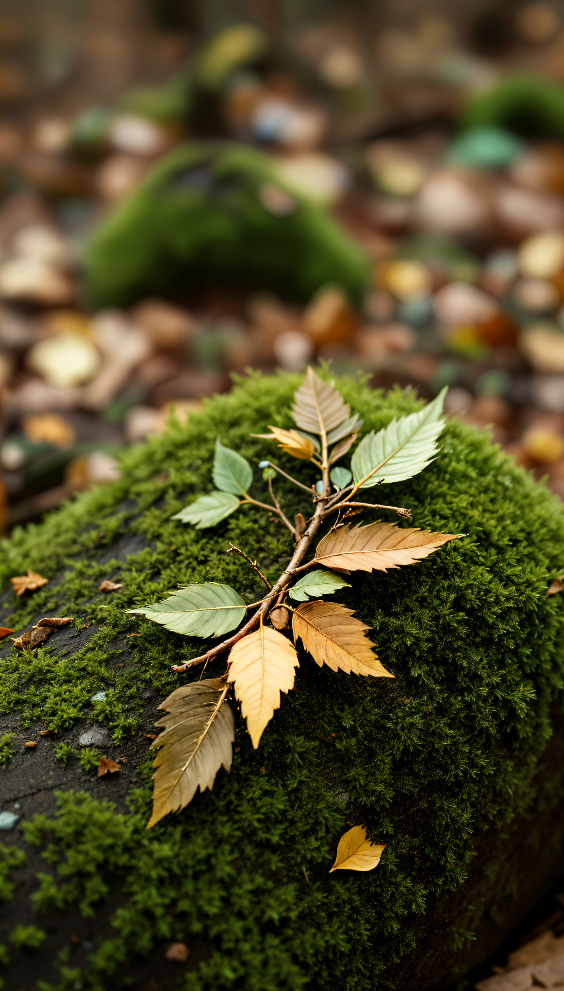 Vertical phone wallpaper for iPhone and Android: moss-covered rock with a small branch of green and yellow leaves, soft blurred forest bokeh.