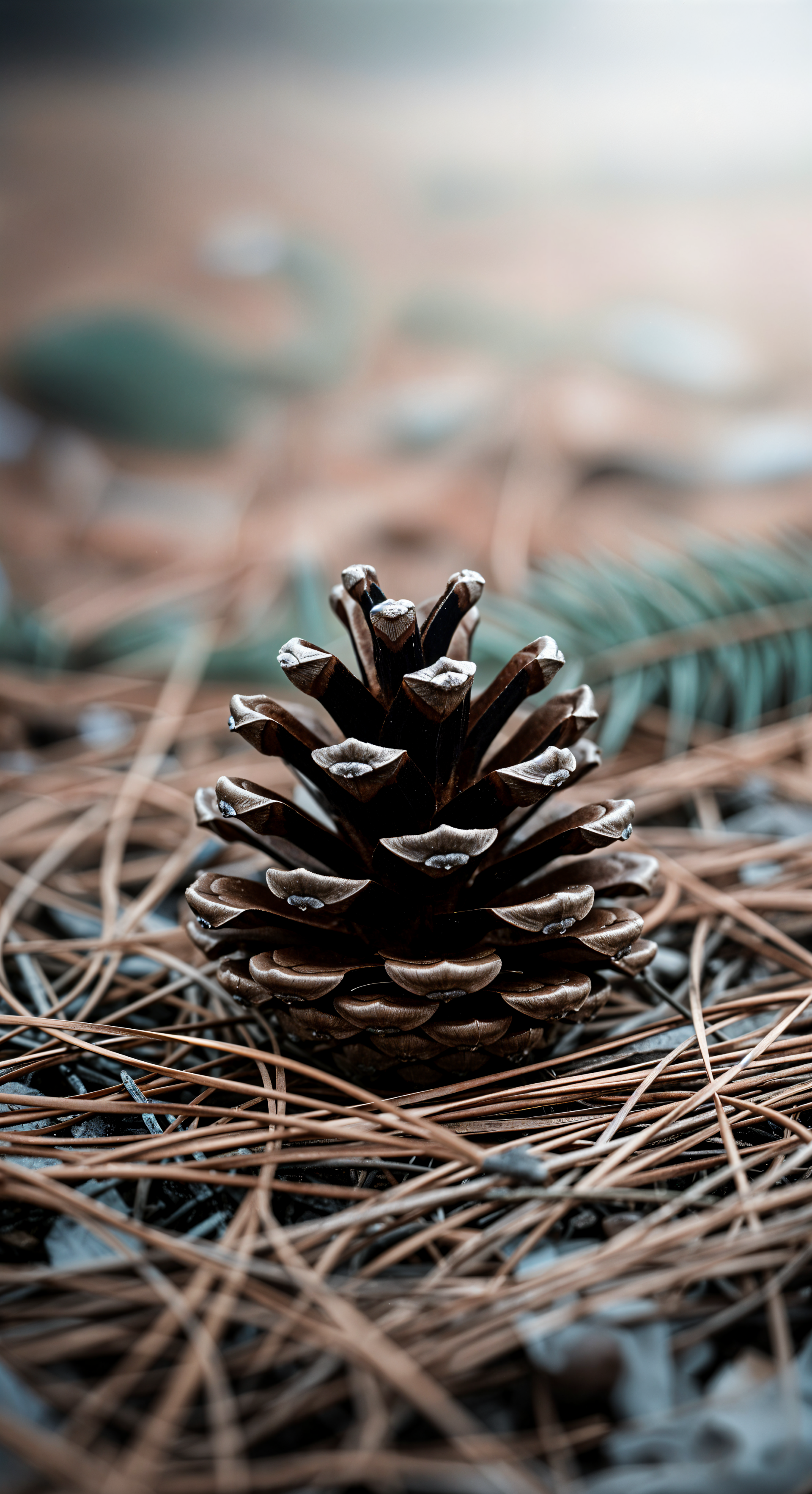 Close-up pine cone on a bed of needles, vertical phone wallpaper designed for iPhone and Android.