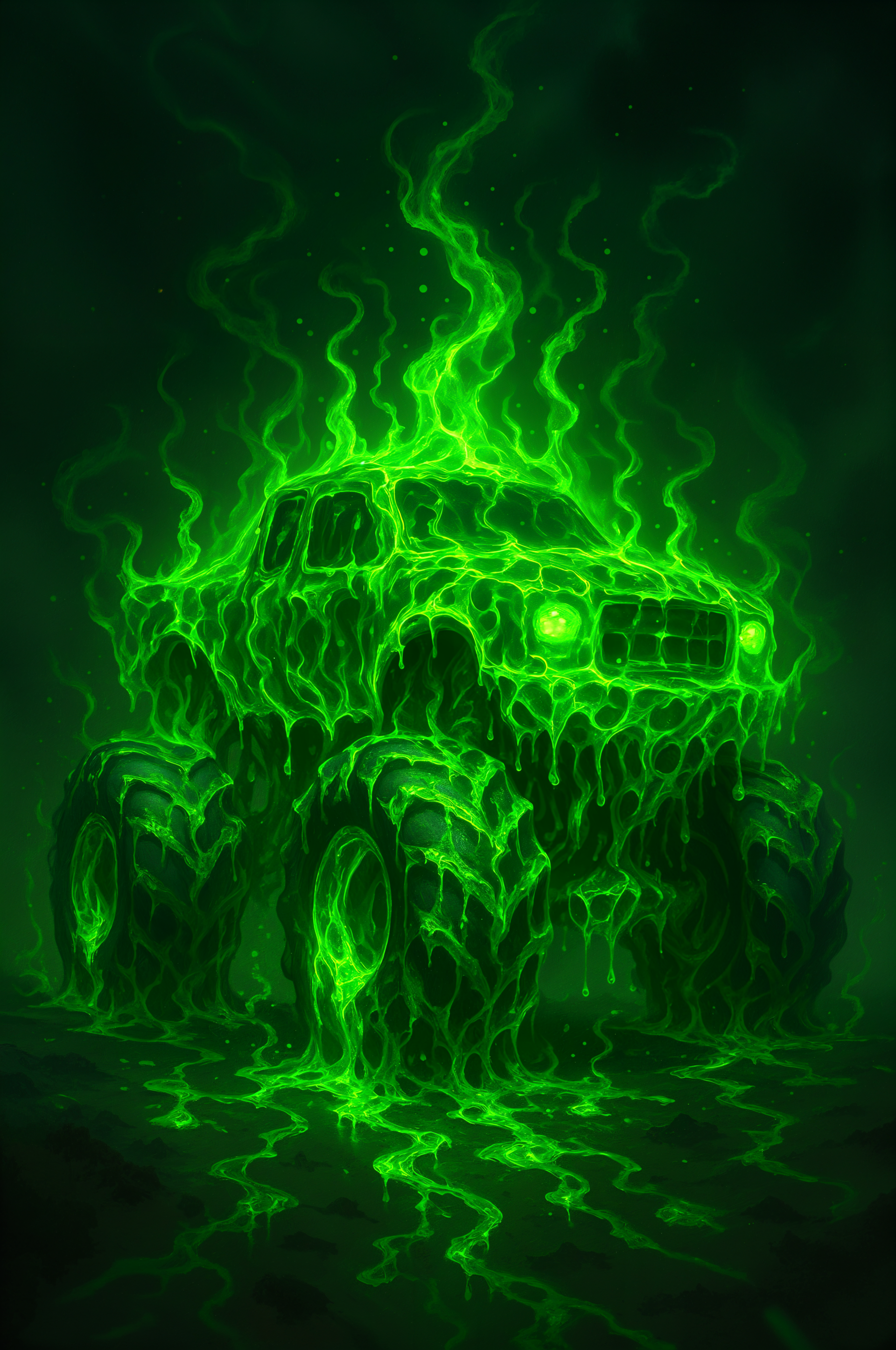 Phone wallpaper for iPhone & Android: neon-green, flame-like monster truck made of molten energy, glowing wheels and dripping trails against a dark, smoky background.