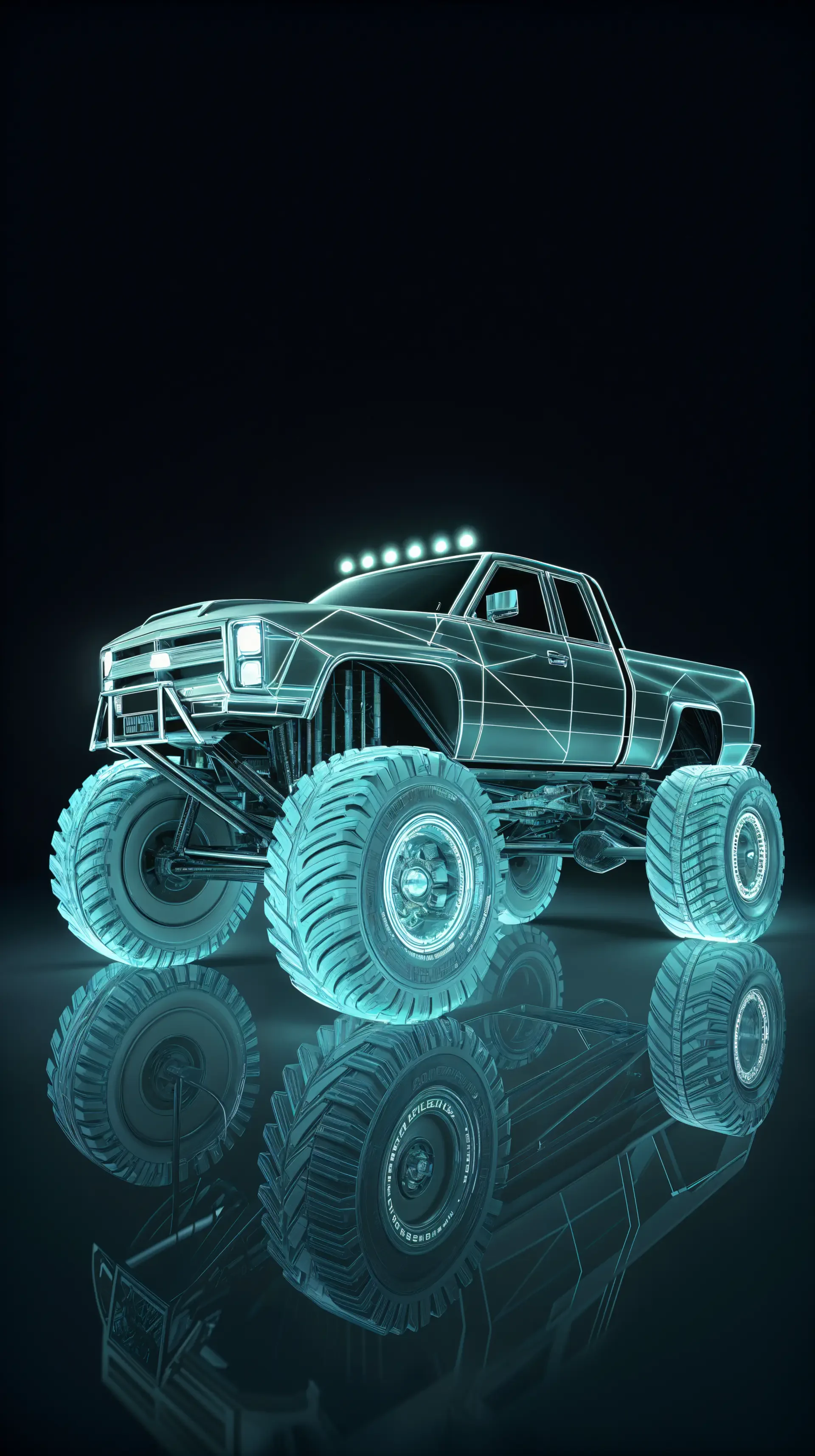 Neon wireframe monster truck with glossy floor reflection — vertical phone wallpaper for iPhone and Android phones.
