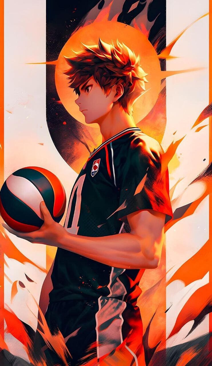 Vertical phone wallpaper of Haikyū!!'s Shōyō Hinata holding a volleyball, fiery orange halo and dynamic flames, formatted for iPhones and Android phones.