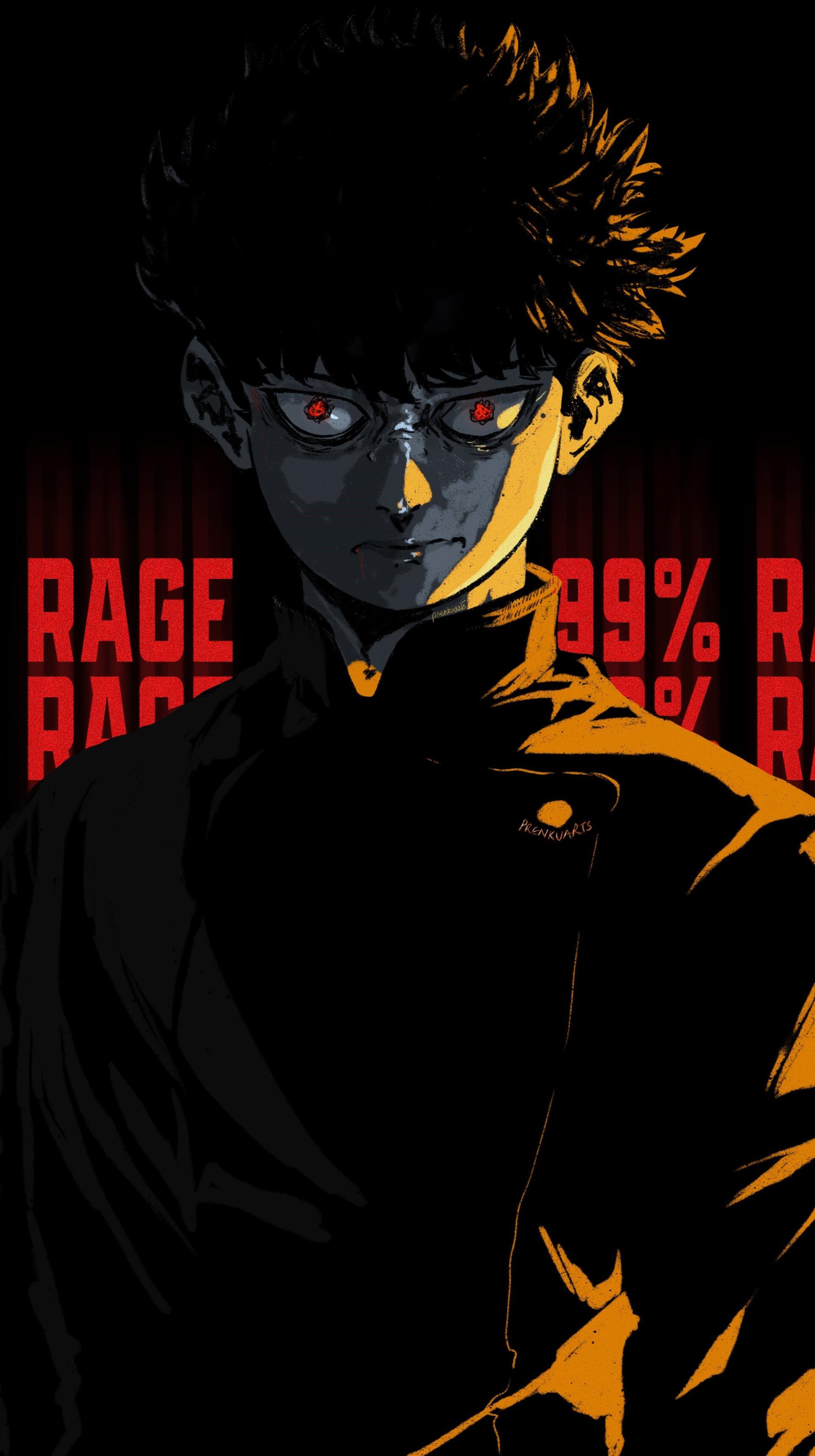 Dark anime phone wallpaper of Mob Psycho 100's Shigeo Kageyama: shadowed face, glowing red eyes and 99% RAGE in bold red behind him, formatted for iPhone and Android phones.