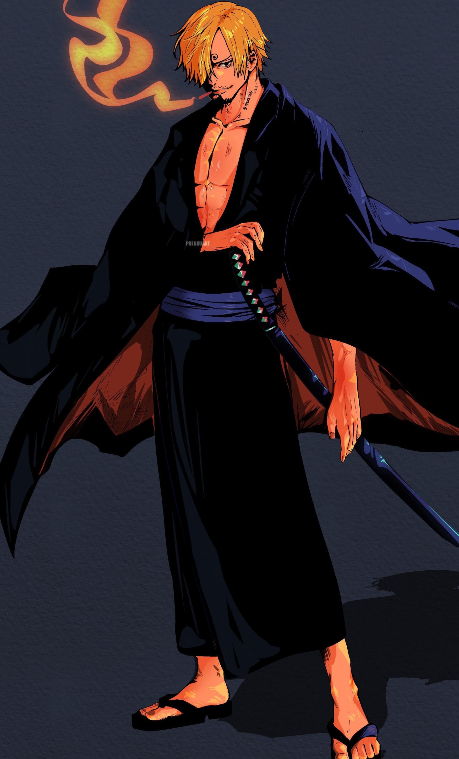 Phone wallpaper (iPhone & Android): One Piece's Sanji reimagined as a samurai in a black kimono, bare chest, holding a katana as an orange flame swirls behind him.