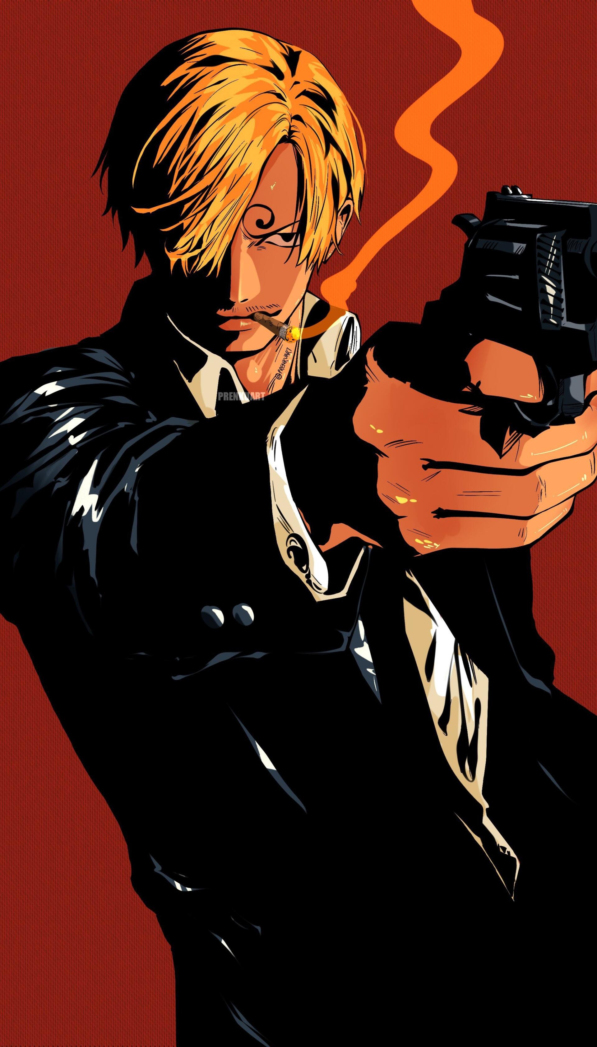 Anime phone wallpaper of Sanji (One Piece) as a gangster: blond hair, cigarette smoke, aiming a handgun against a red backdrop — for iPhones and Android phones.