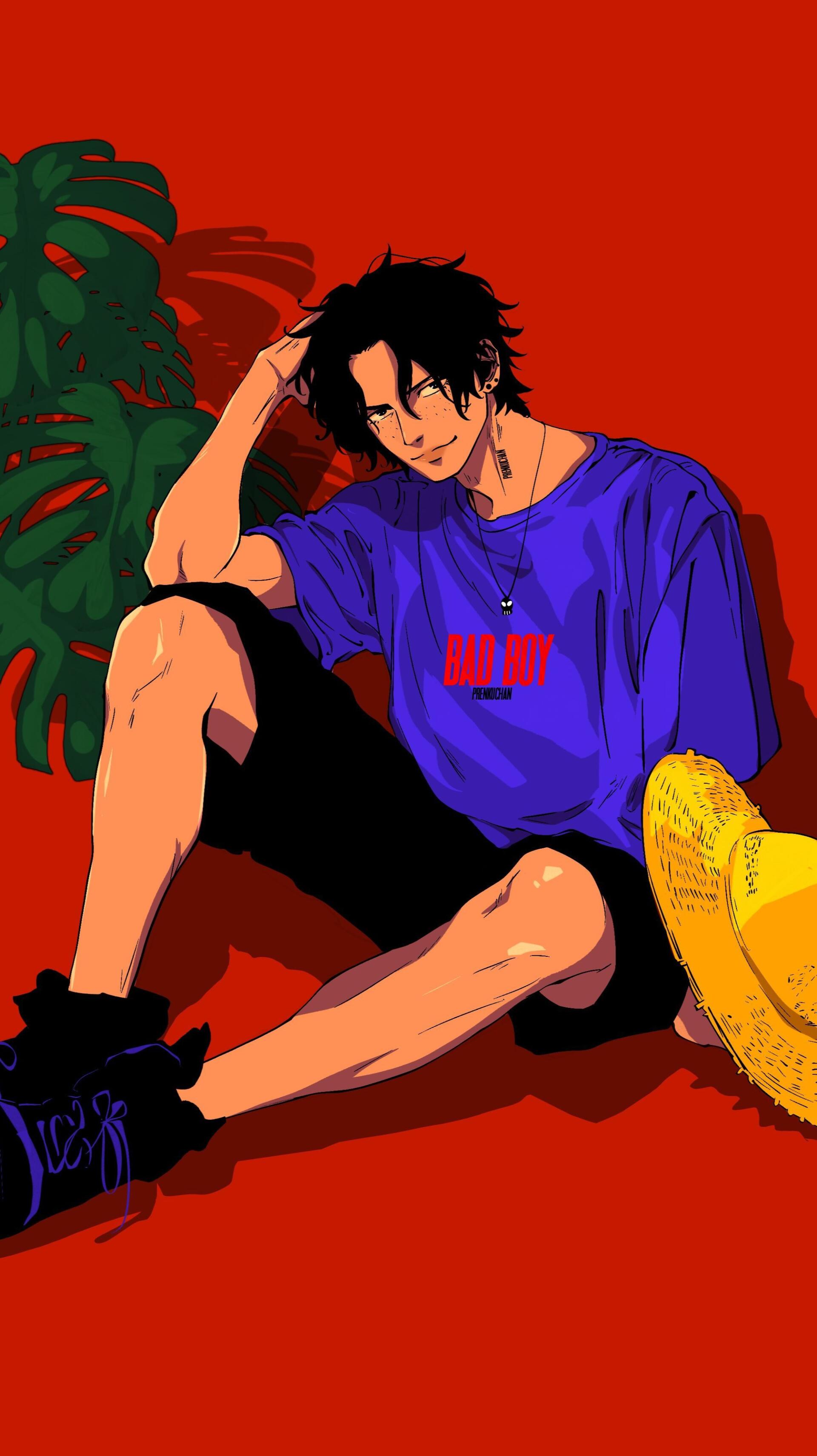 Phone wallpaper for iPhone and Android featuring One Piece's Portgas D. Ace: stylized anime of Ace in a blue shirt and black shorts, straw hat and tropical leaf on a vivid red background.