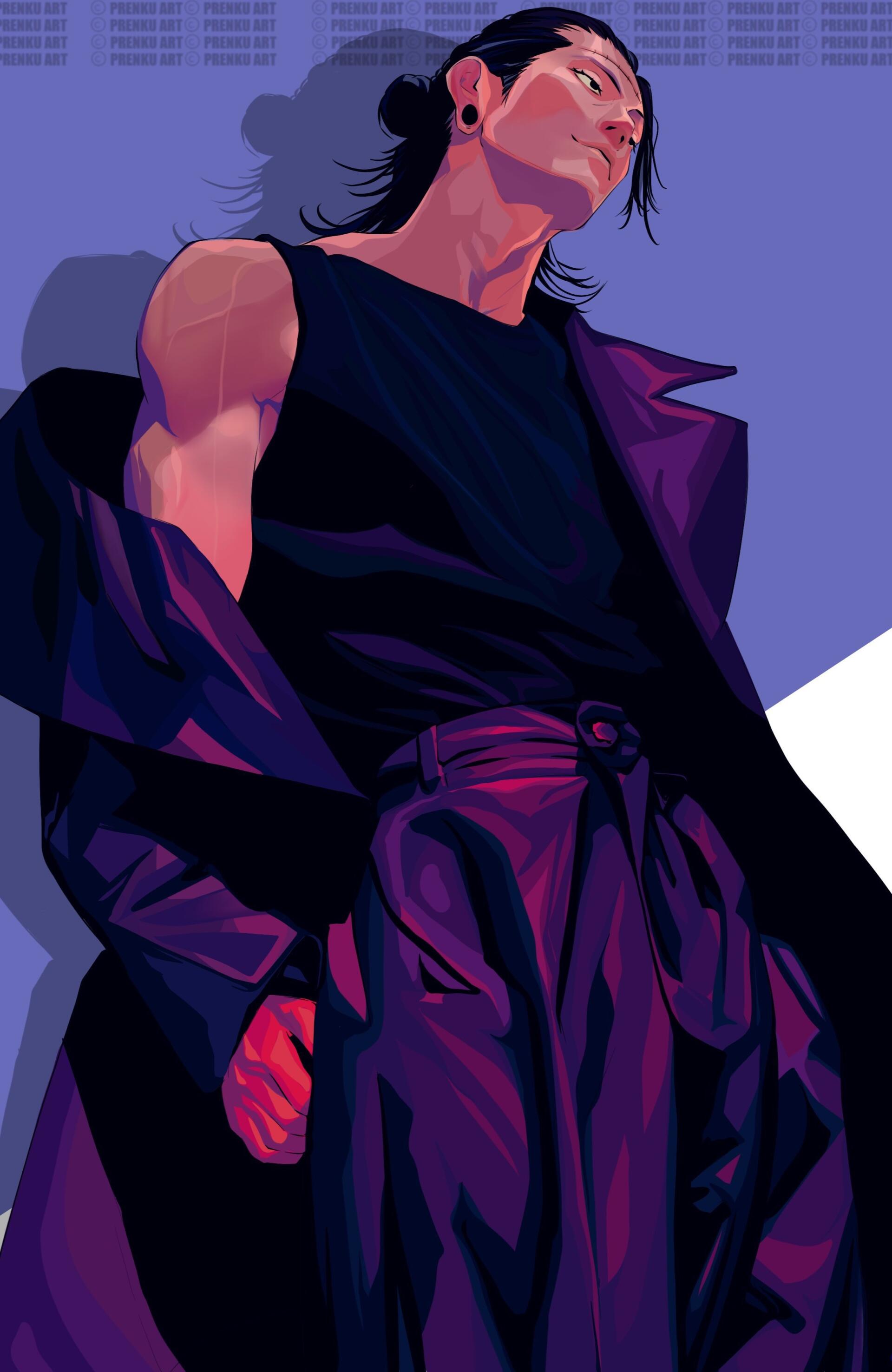 Purple-toned anime wallpaper of Suguru Geto from Jujutsu Kaisen, striking pose in coat and high-waist pants with dramatic shadow — phone wallpaper for iPhone and Android.