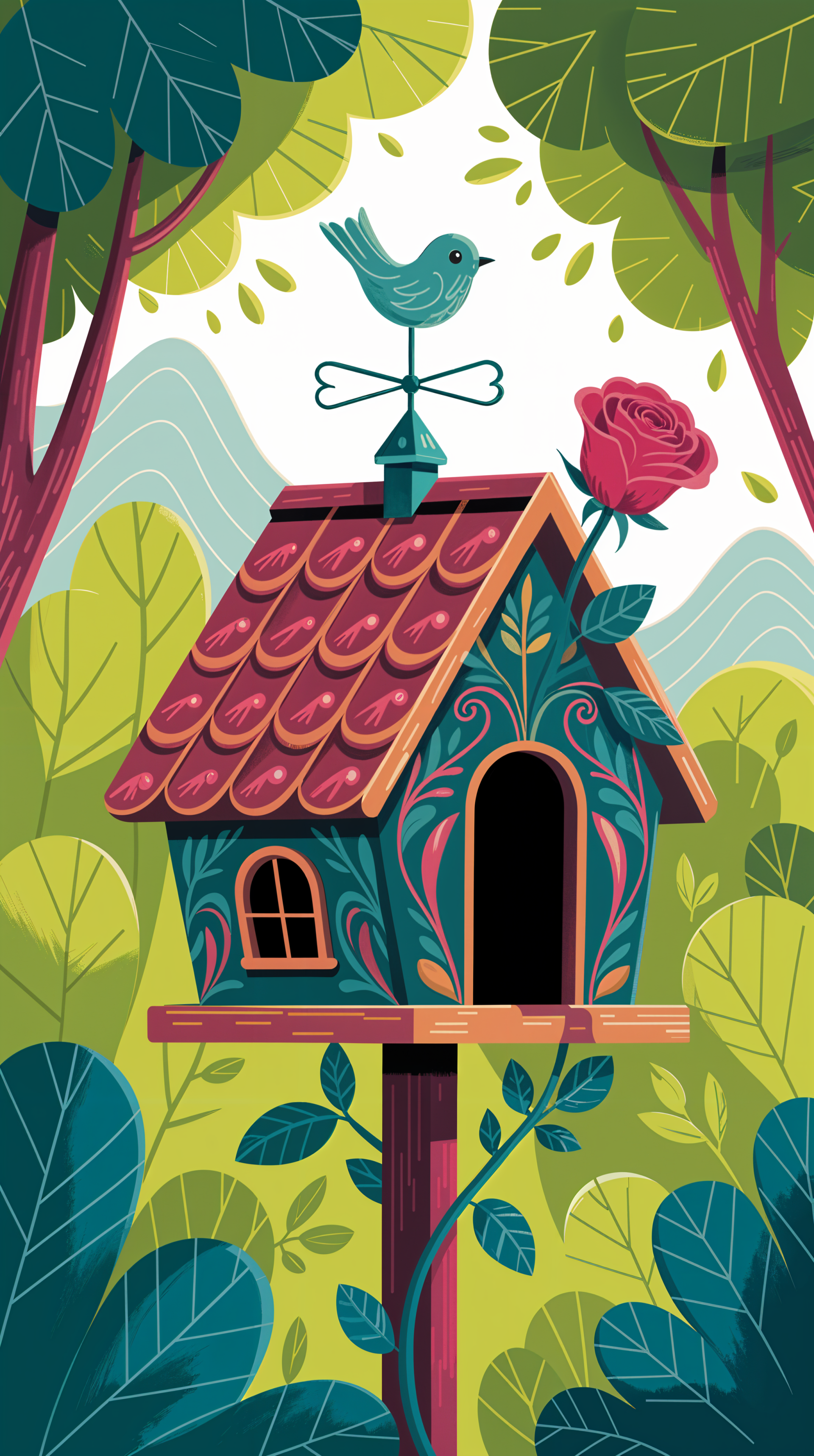 Colorful illustrated birdhouse with a rose and blue bird weather vane among leafy trees — vertical phone wallpaper that works on iPhone and Android phones.