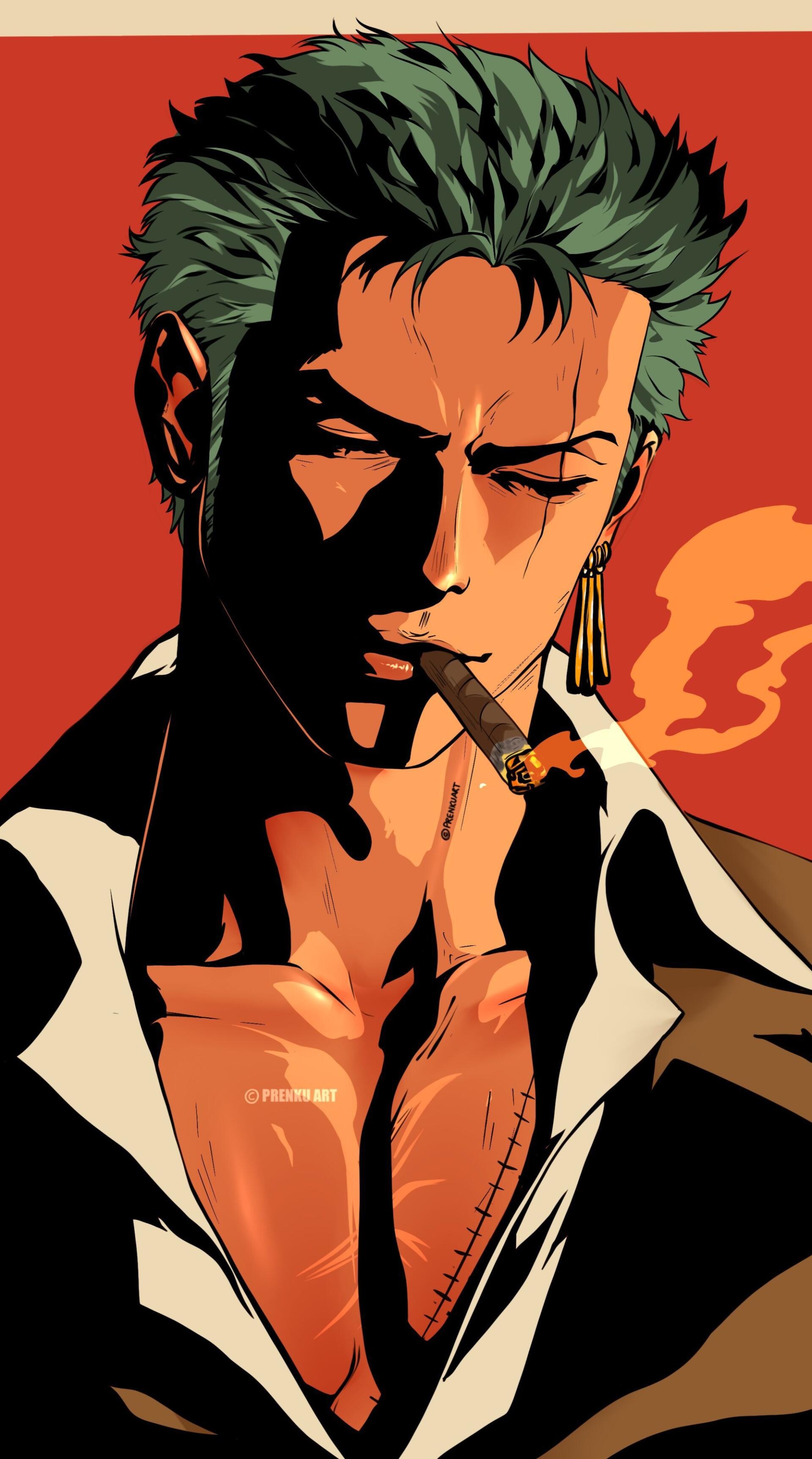 Anime One Piece wallpaper: Roronoa Zoro smoking a cigar, close-up with dramatic shadows and a red background. Phone wallpaper for iPhone and Android.