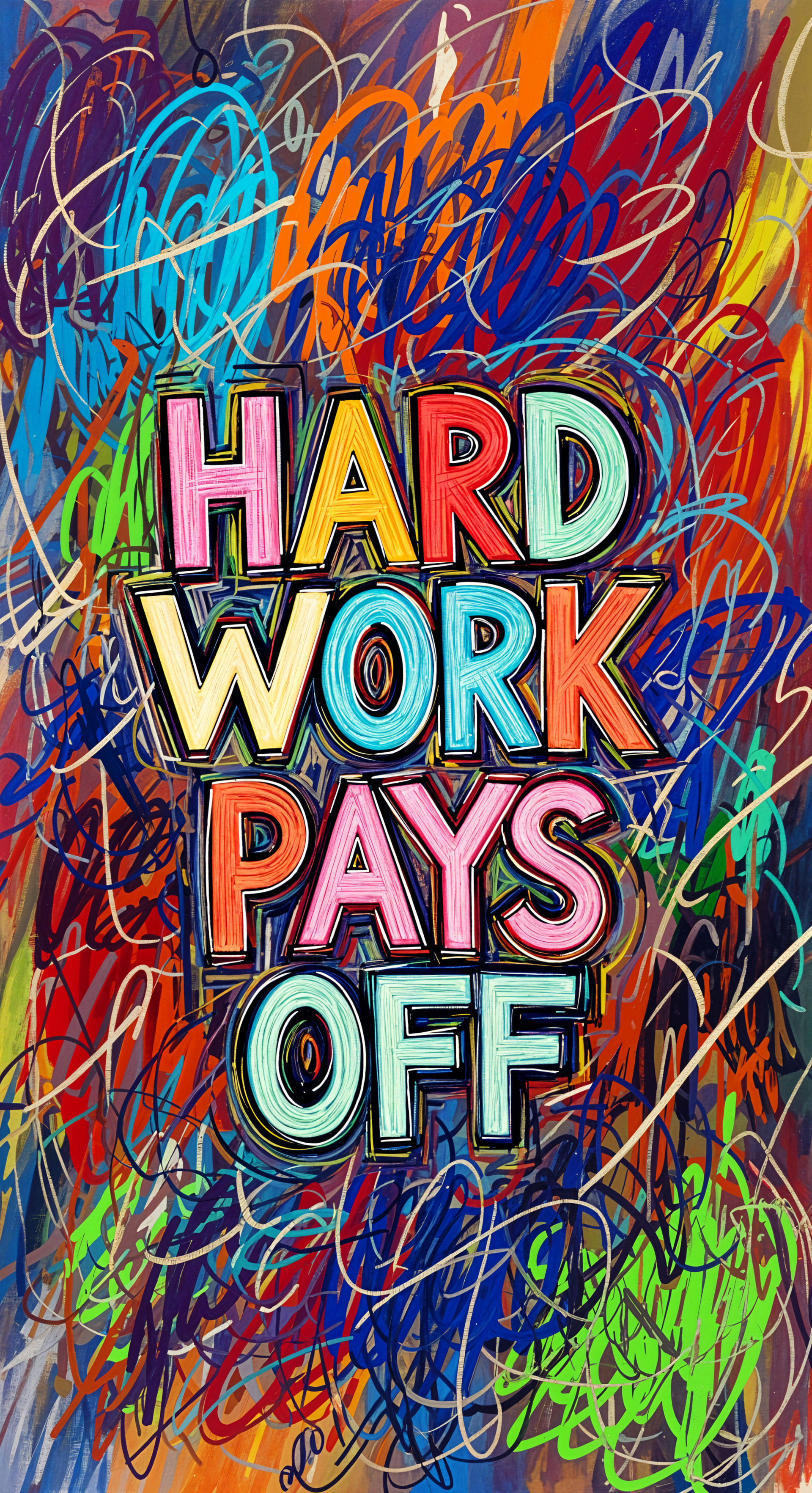 Vertical phone wallpaper for iPhone and Android: vibrant scribble background with bold, hand-drawn multicolored text reading HARD WORK PAYS OFF.