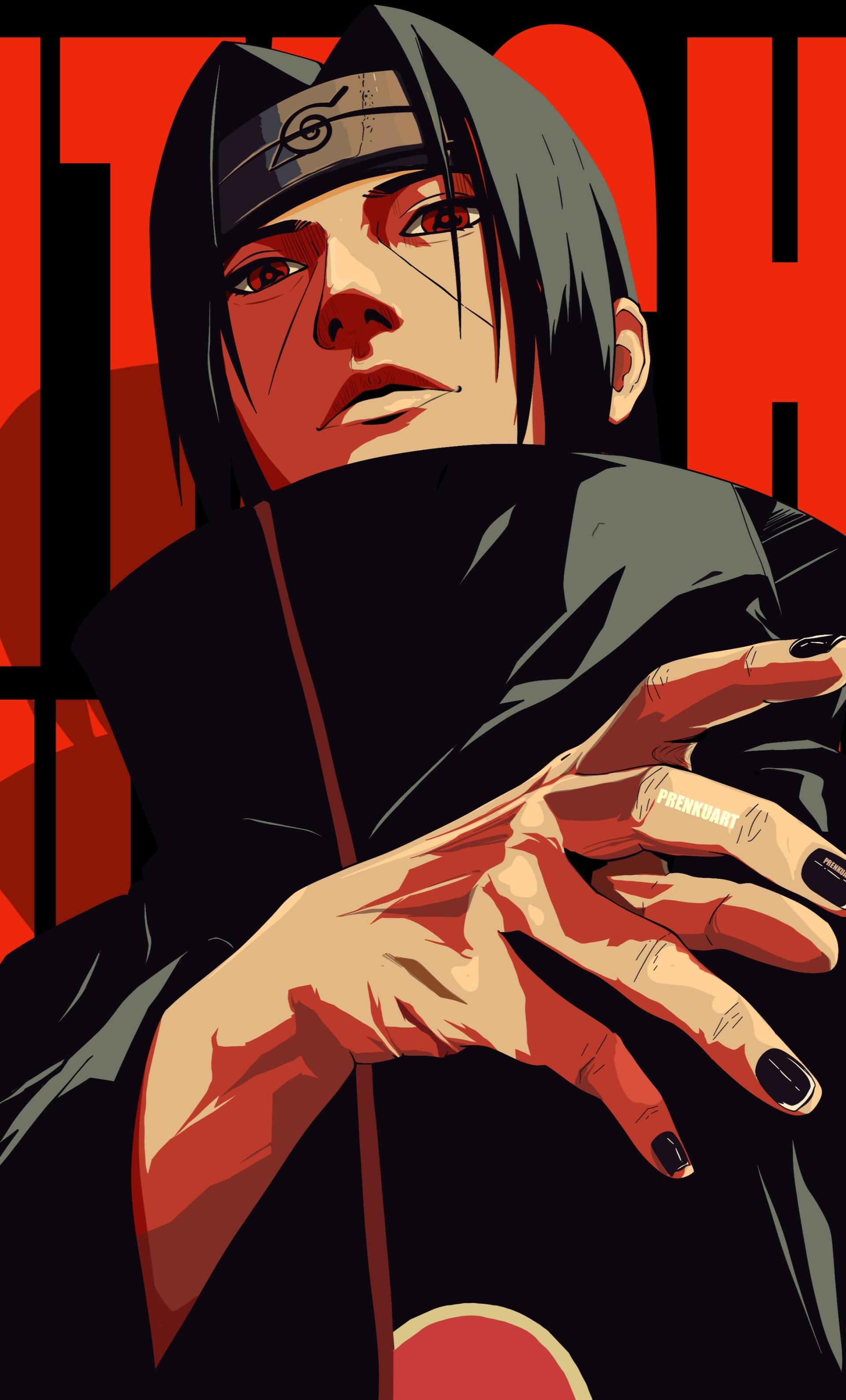 Dark anime phone wallpaper of Itachi Uchiha (Naruto) with glowing Sharingan, red-black portrait designed for iPhone and Android.