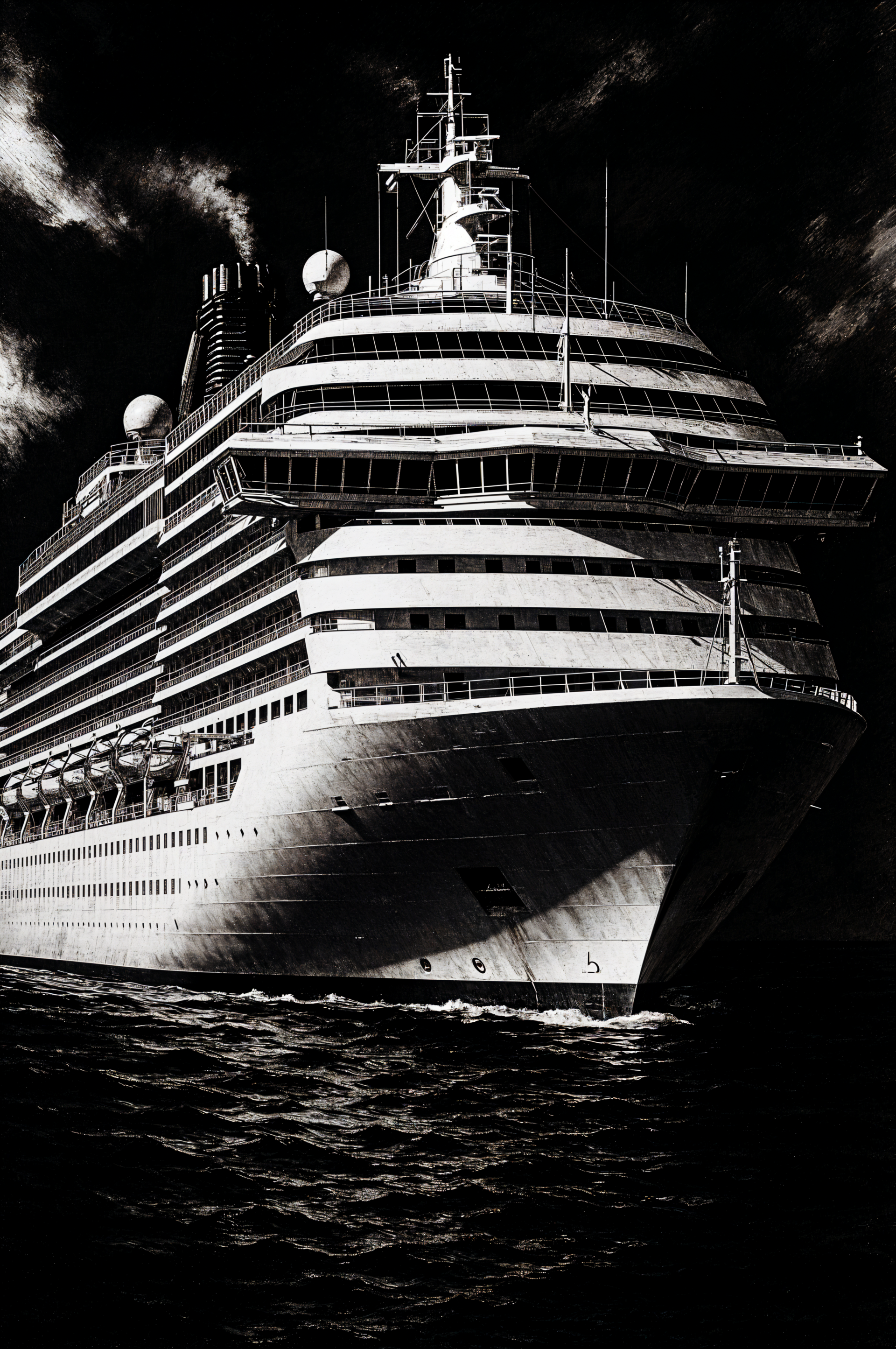 High-contrast black-and-white phone wallpaper showing a cruise ship's bow cutting through dark water; vertical composition for iPhone and Android screens.