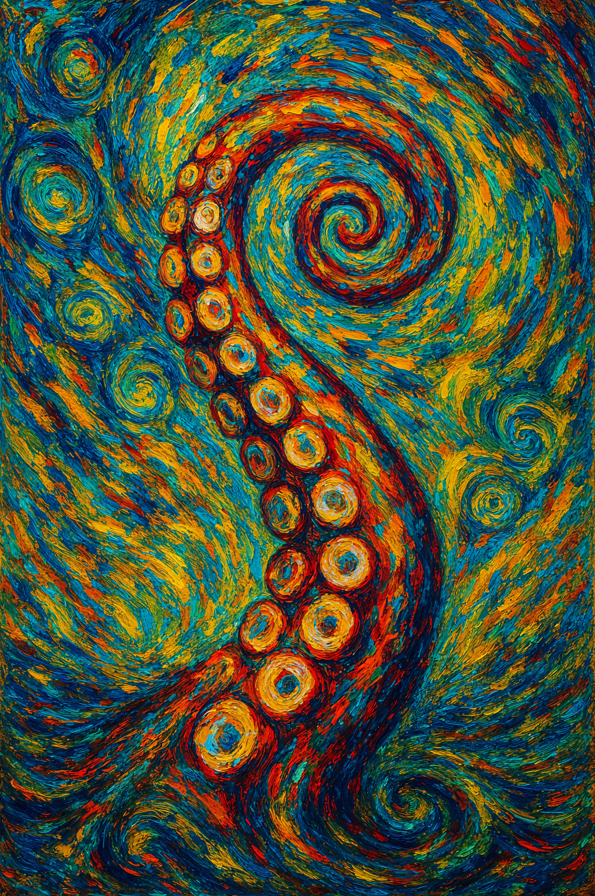 Vibrant, swirling brushstrokes form a curling tentacle against a turbulent sea; vertical phone wallpaper for iPhones and Android phones.