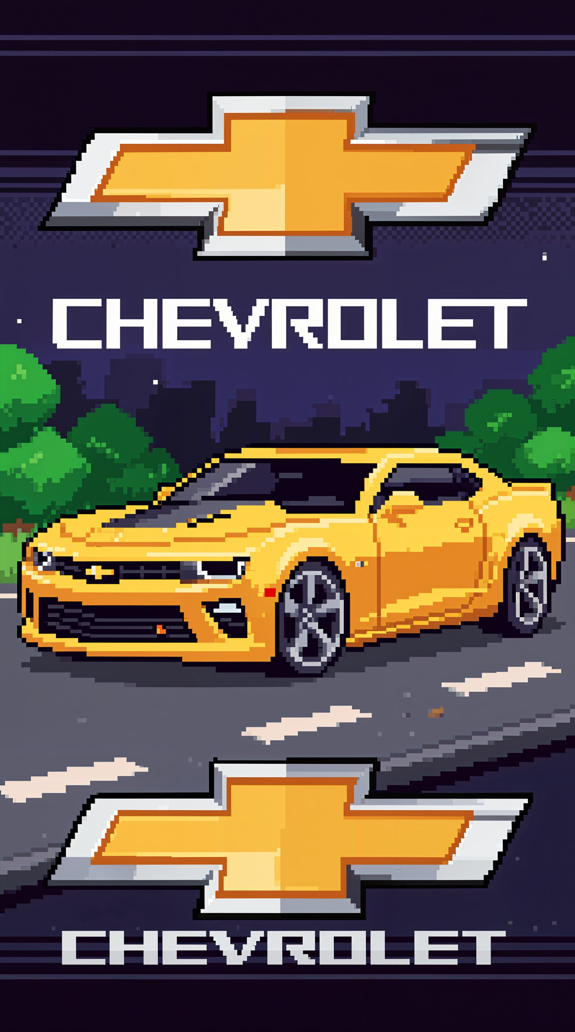 Pixel-art yellow Chevrolet Camaro phone wallpaper with Chevy bowties and text, vertical layout formatted for iPhone and Android phones.