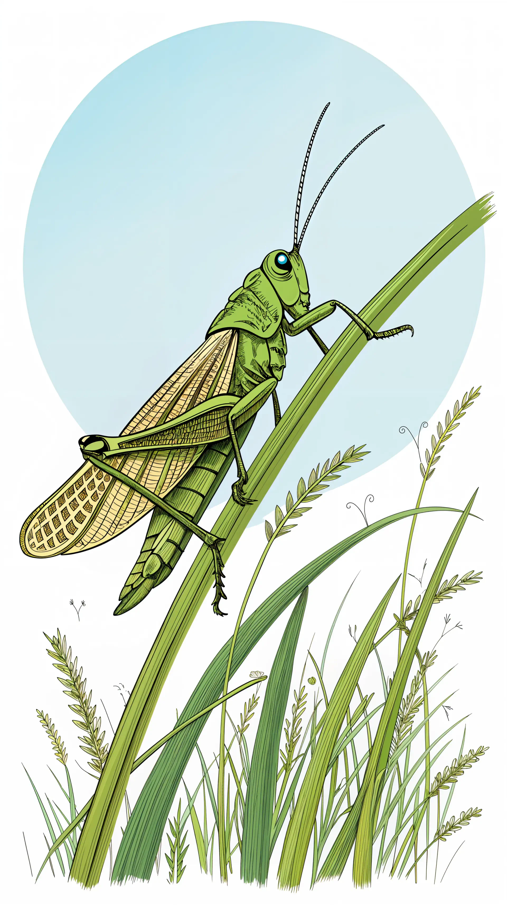 Vertical phone wallpaper showing a detailed green grasshopper perched on blades of grass against a pale blue sun circle background — designed for iPhone and Android screens.