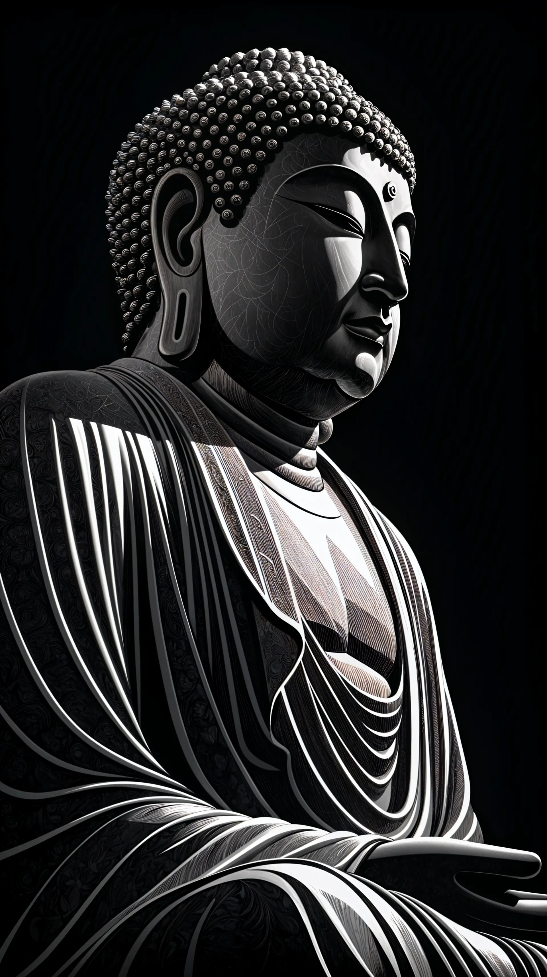 Monochrome meditative Buddha statue in high-contrast light and shadow, phone wallpaper formatted for iPhone and Android with tall portrait orientation.