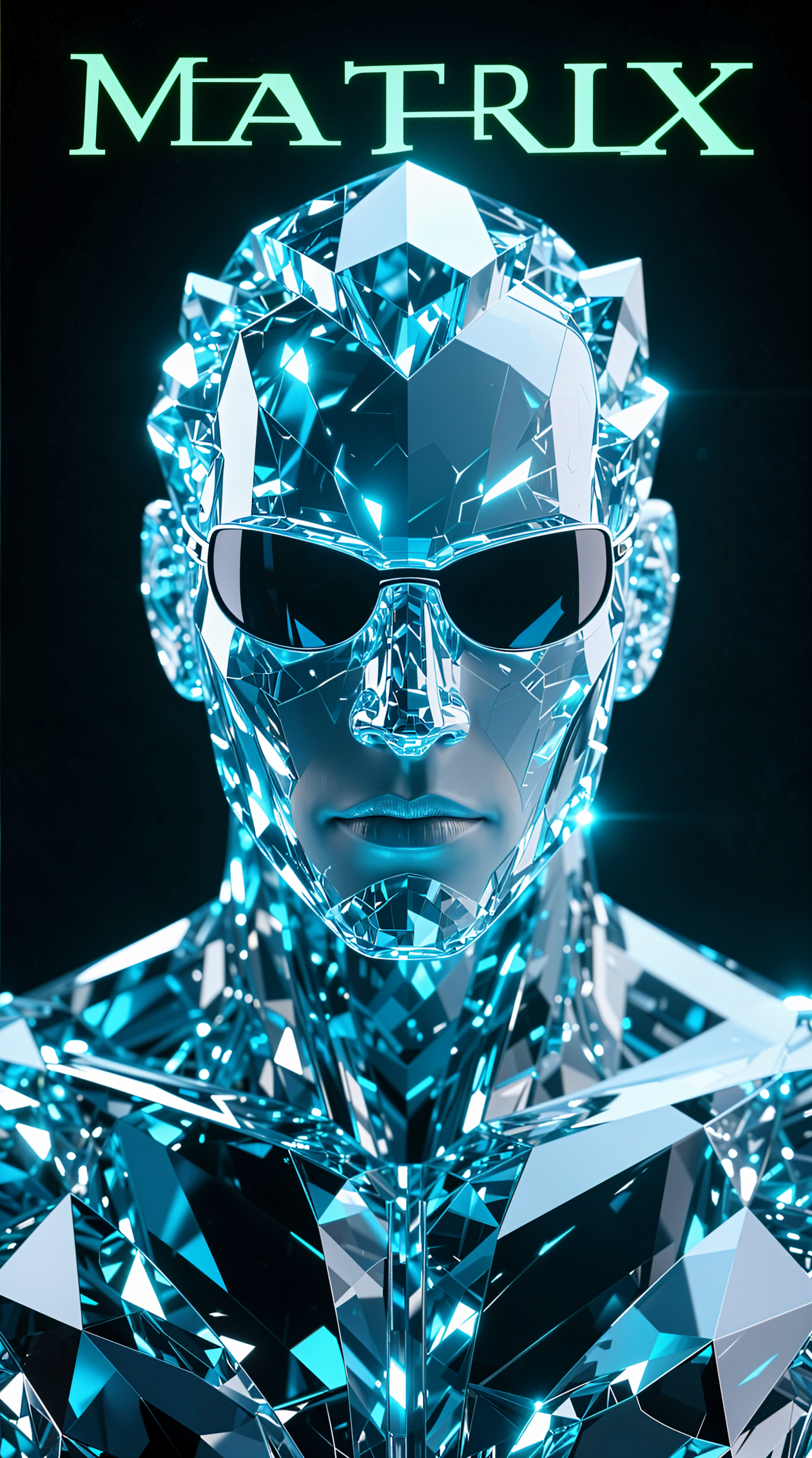 The Matrix phone wallpaper for iPhone and Android: a faceted crystalline chrome Agent wearing sunglasses, glowing cyan reflections on a dark, high-contrast background.
