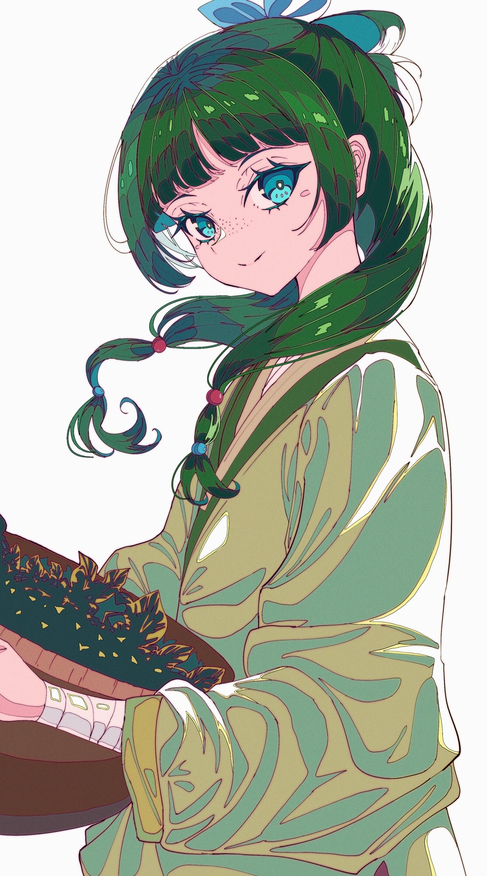 Phone wallpaper of Maomao from The Apothecary Diaries — anime portrait with green twin braids, teal eyes, holding a basket of herbs, formatted for iPhone and Android screens.