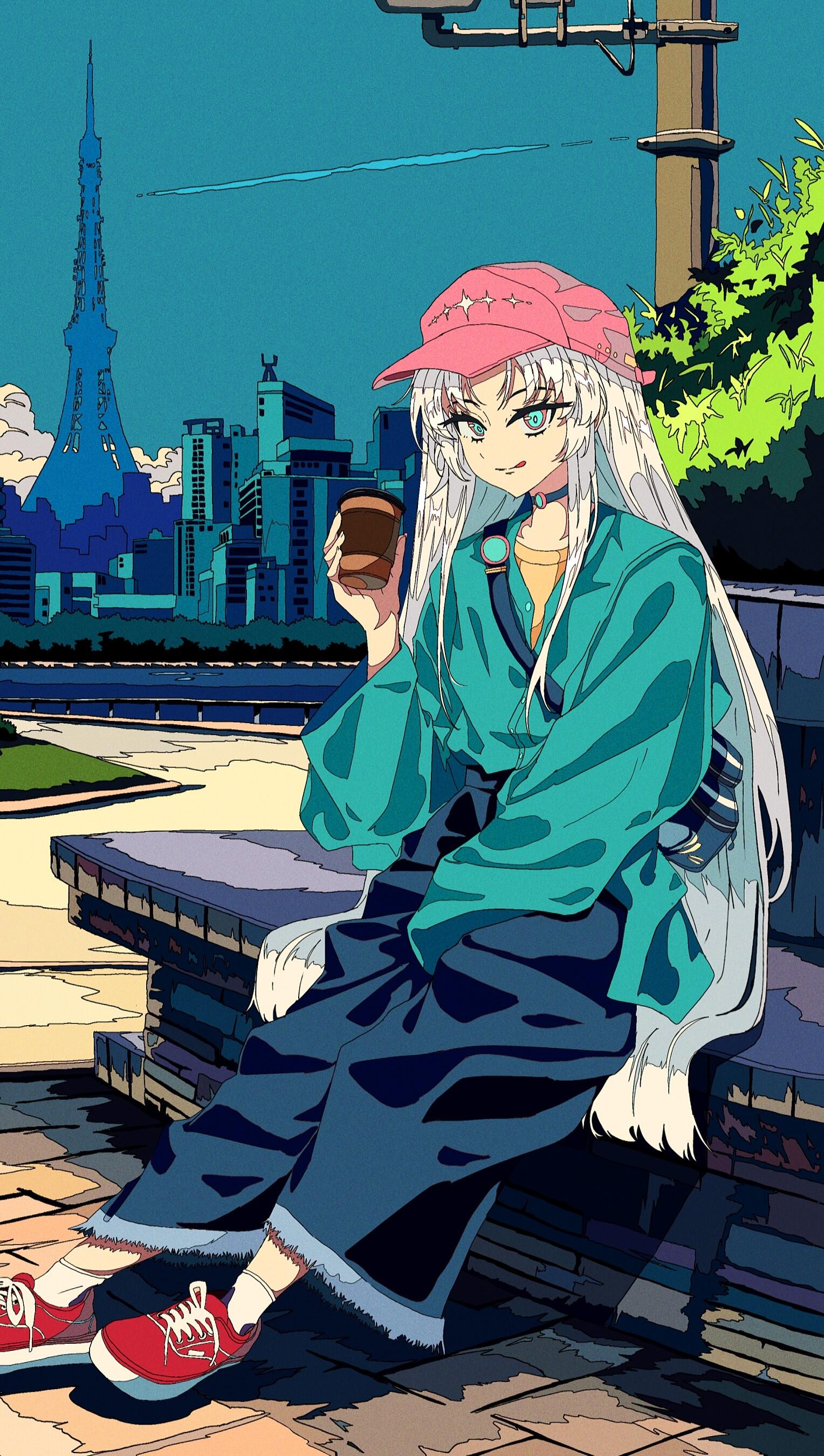 Phone wallpaper of Carlotta, video game character from Wuthering Waves: anime girl in drip—pink cap, teal jacket, long white hair—sipping coffee on a city bench. For iPhone and Android.