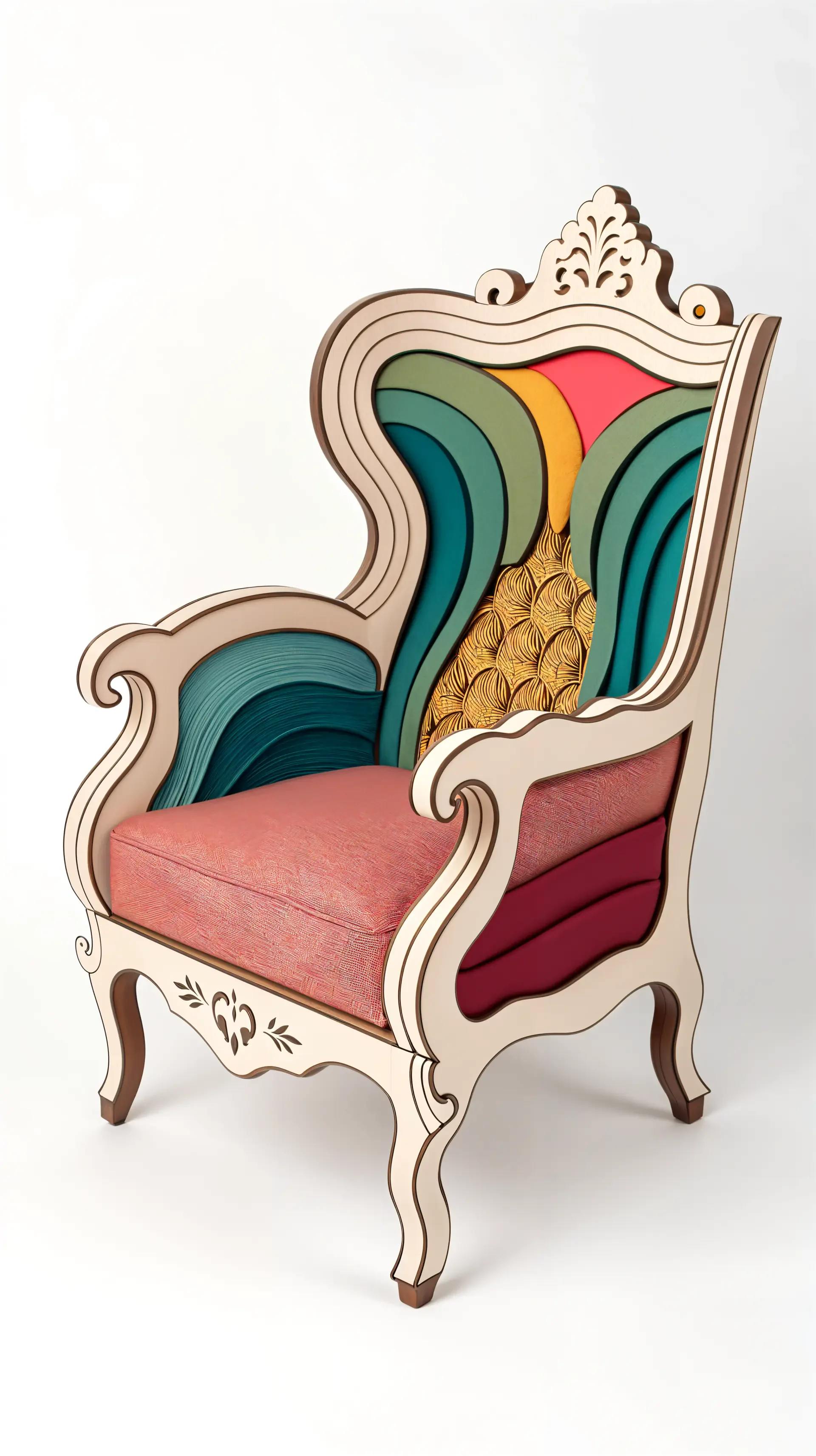 Phone wallpaper for iPhone and Android: stylized armchair with coral seat and layered teal, gold and orange wave patterns on its carved back.