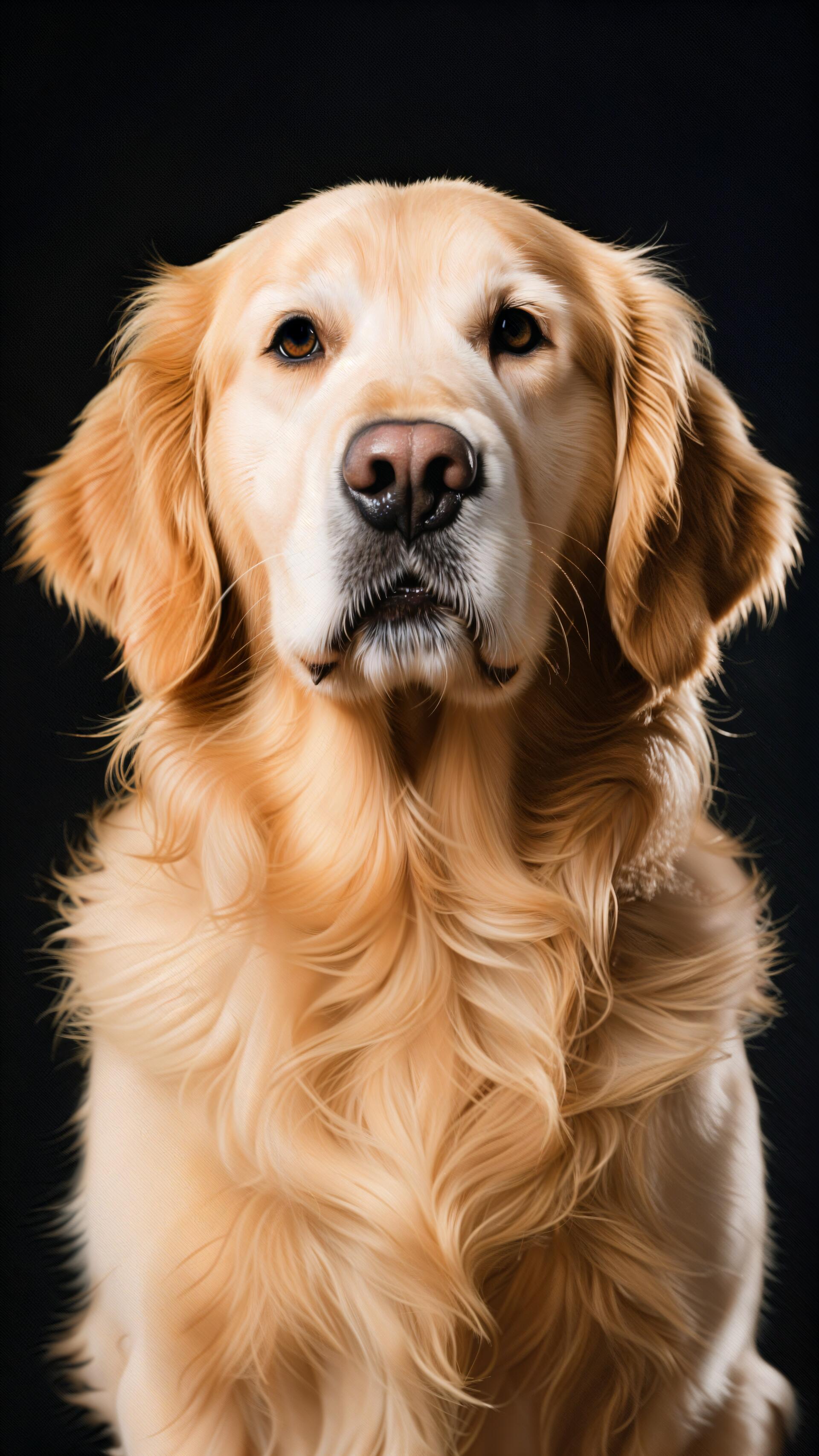 Close-up portrait of a golden retriever on a dark background, vertical phone wallpaper formatted for iPhone and Android screens.